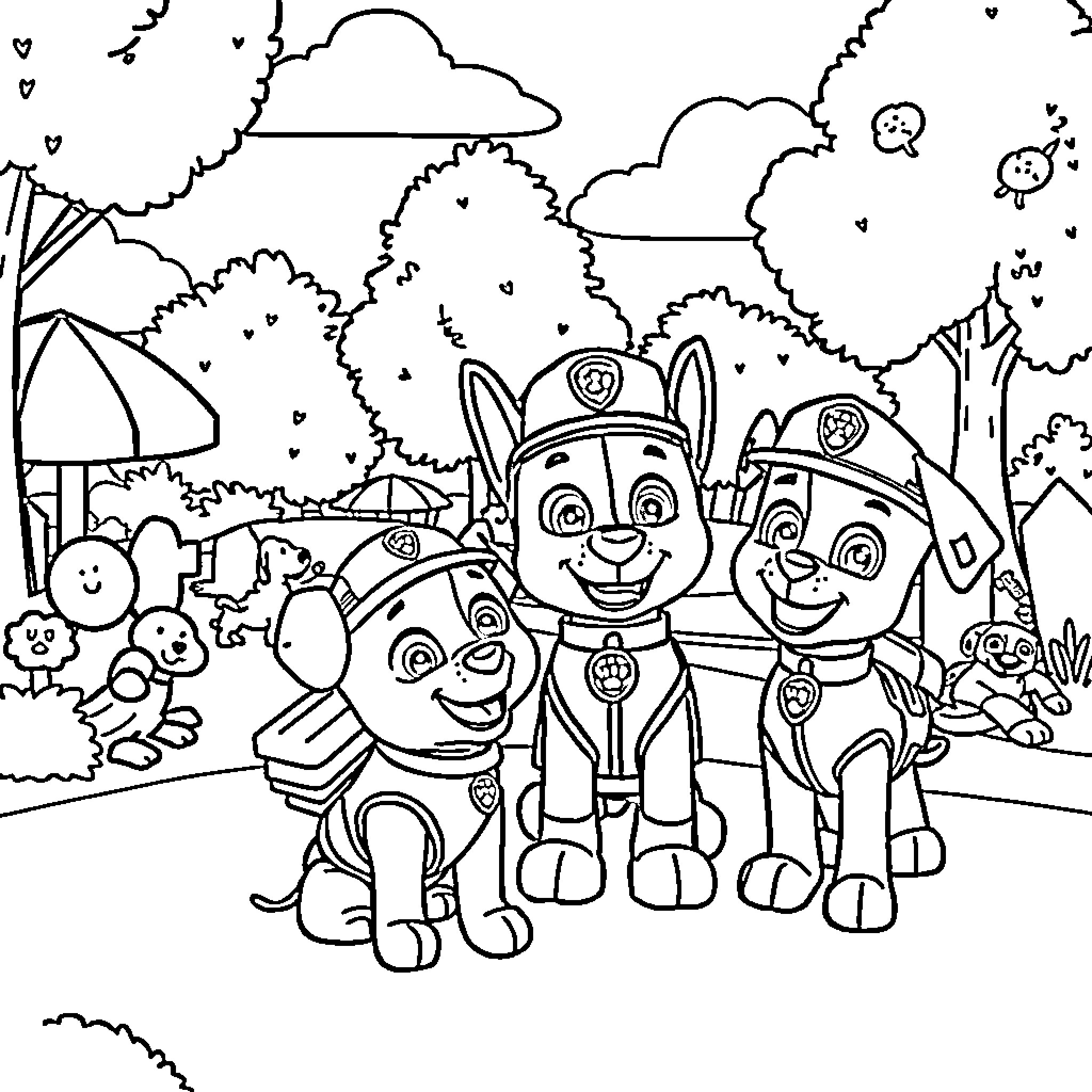Paw Patrol characters exploring the outdoors Coloring Page (free black-and-white line drawing printable PDF for all, from beginners to advanced learners, including children, teens, adults, and seniors)