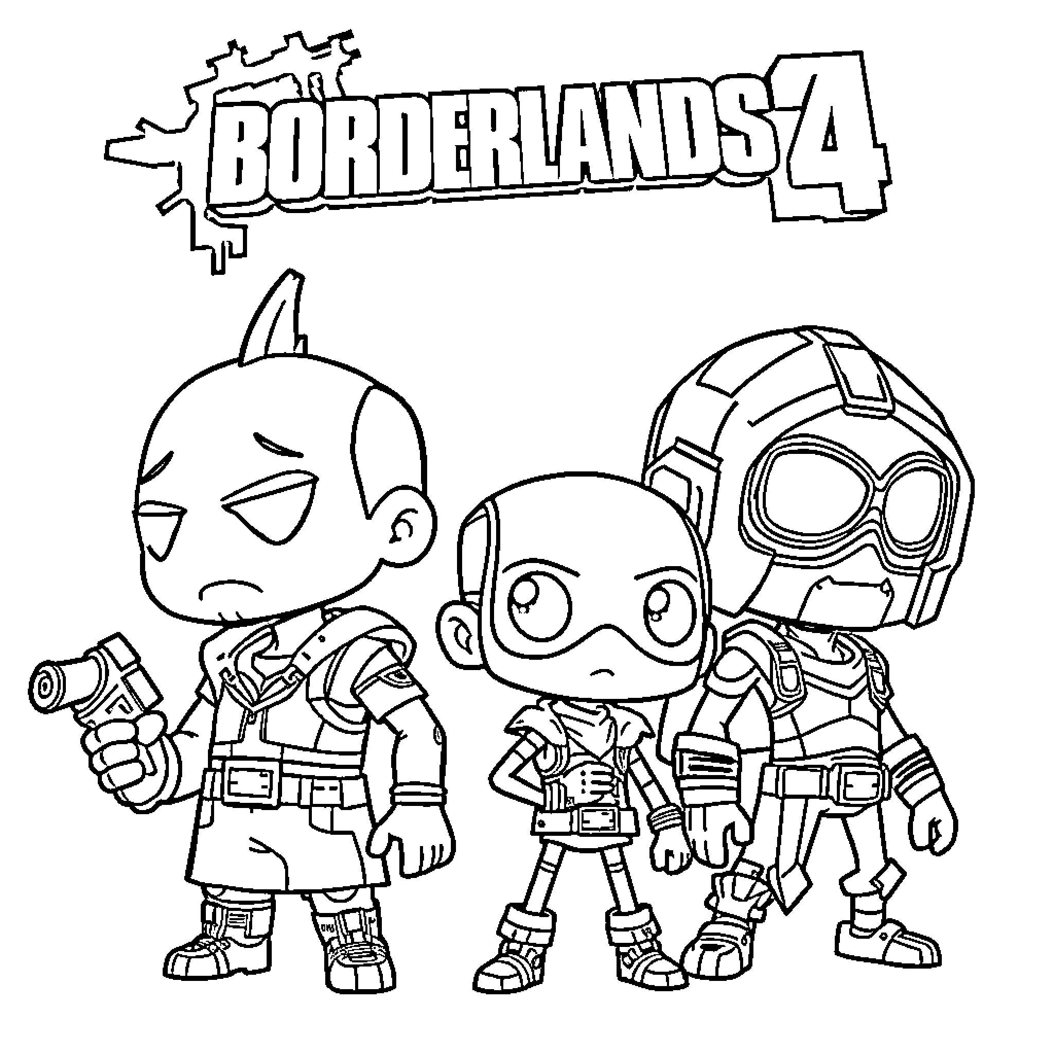Chibi Borderlands 4 characters in action Coloring Page (free black-and-white line drawing printable PDF for all, from beginners to advanced learners, including children, teens, adults, and seniors)