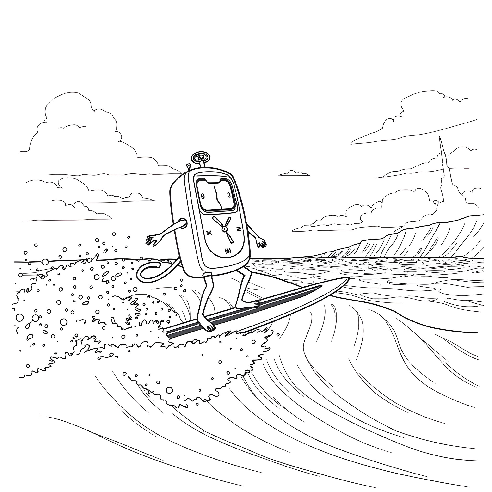 Metronome surfing on the ocean waves Coloring Page (free black-and-white line drawing printable PDF for all, from beginners to advanced learners, including children, teens, adults, and seniors)
