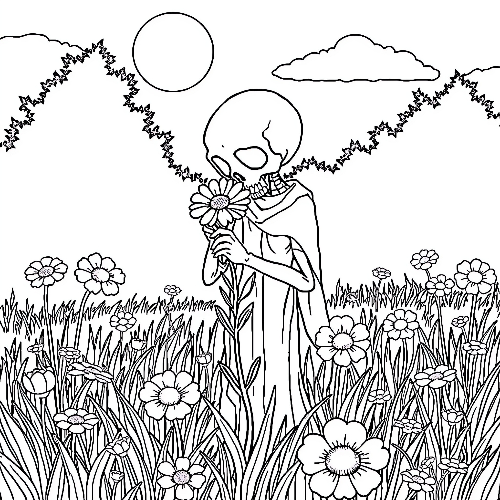 Death among Flowers in the Moonlight Coloring Page (free black-and-white line drawing printable PDF for all, from beginners to advanced learners, including children, teens, adults, and seniors)