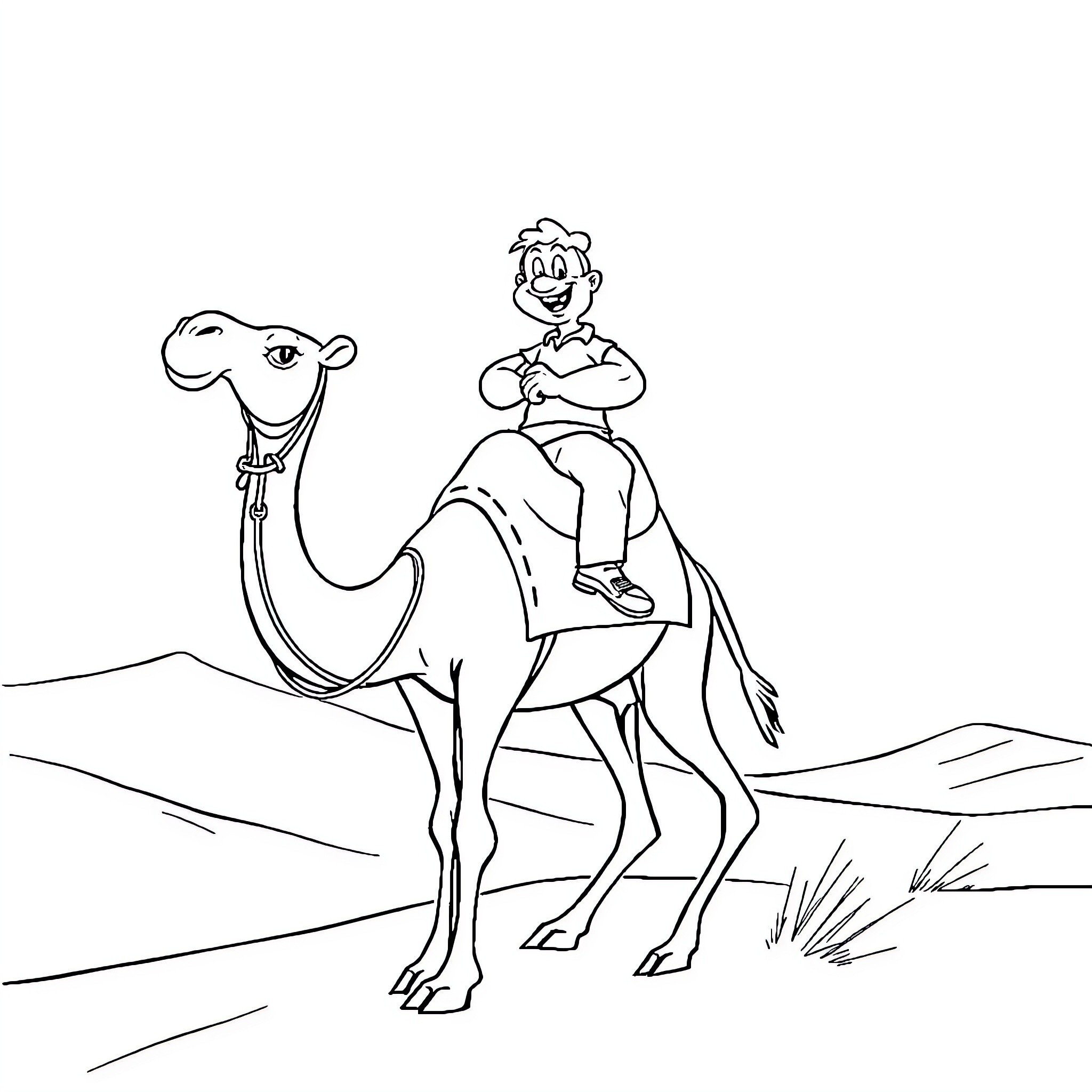Popeye rides a camel in the desert Coloring Page (free black-and-white line drawing printable PDF for all, from beginners to advanced learners, including children, teens, adults, and seniors)