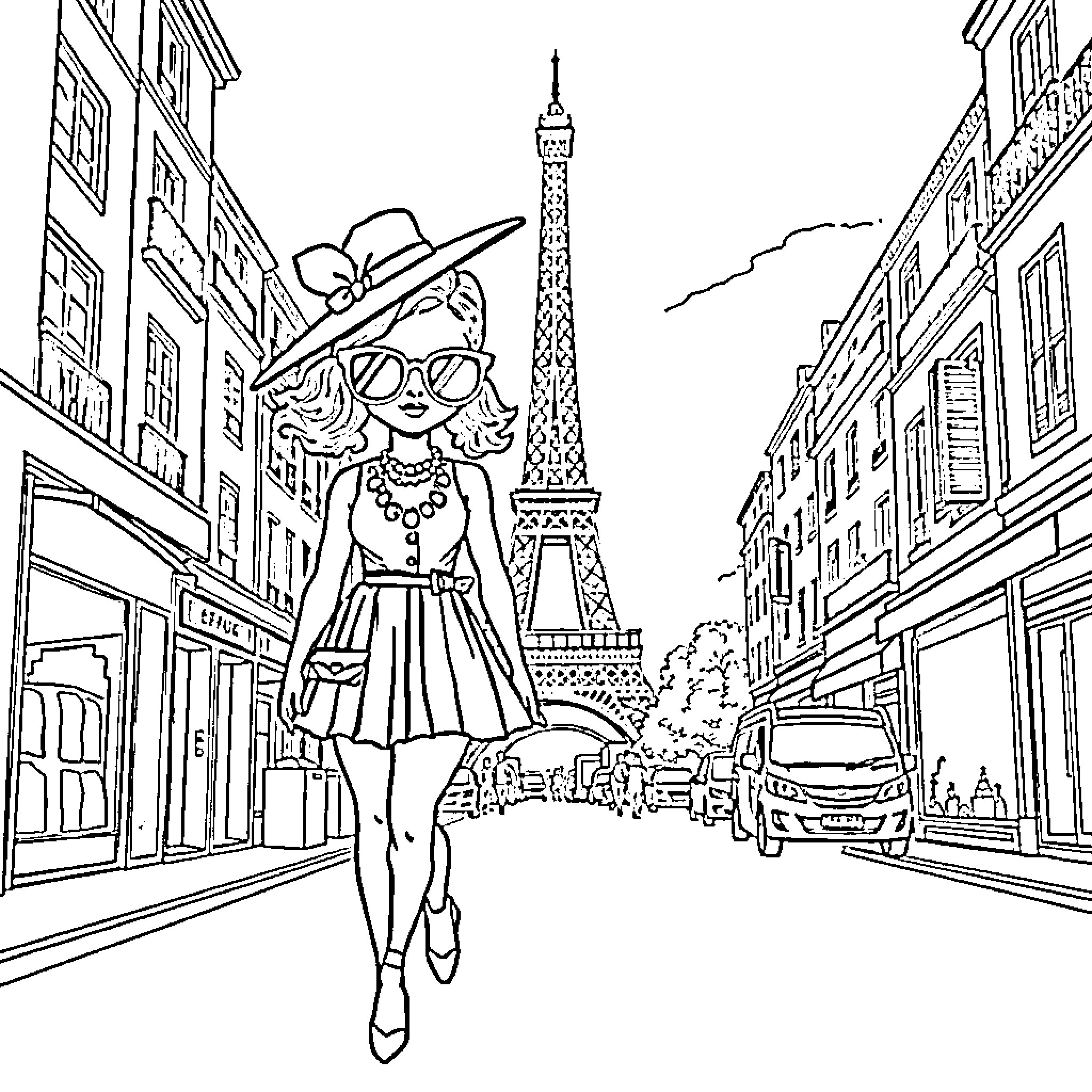 Labubu's Parisian Adventure Coloring Page (free black-and-white line drawing printable PDF for all, from beginners to advanced learners, including children, teens, adults, and seniors)
