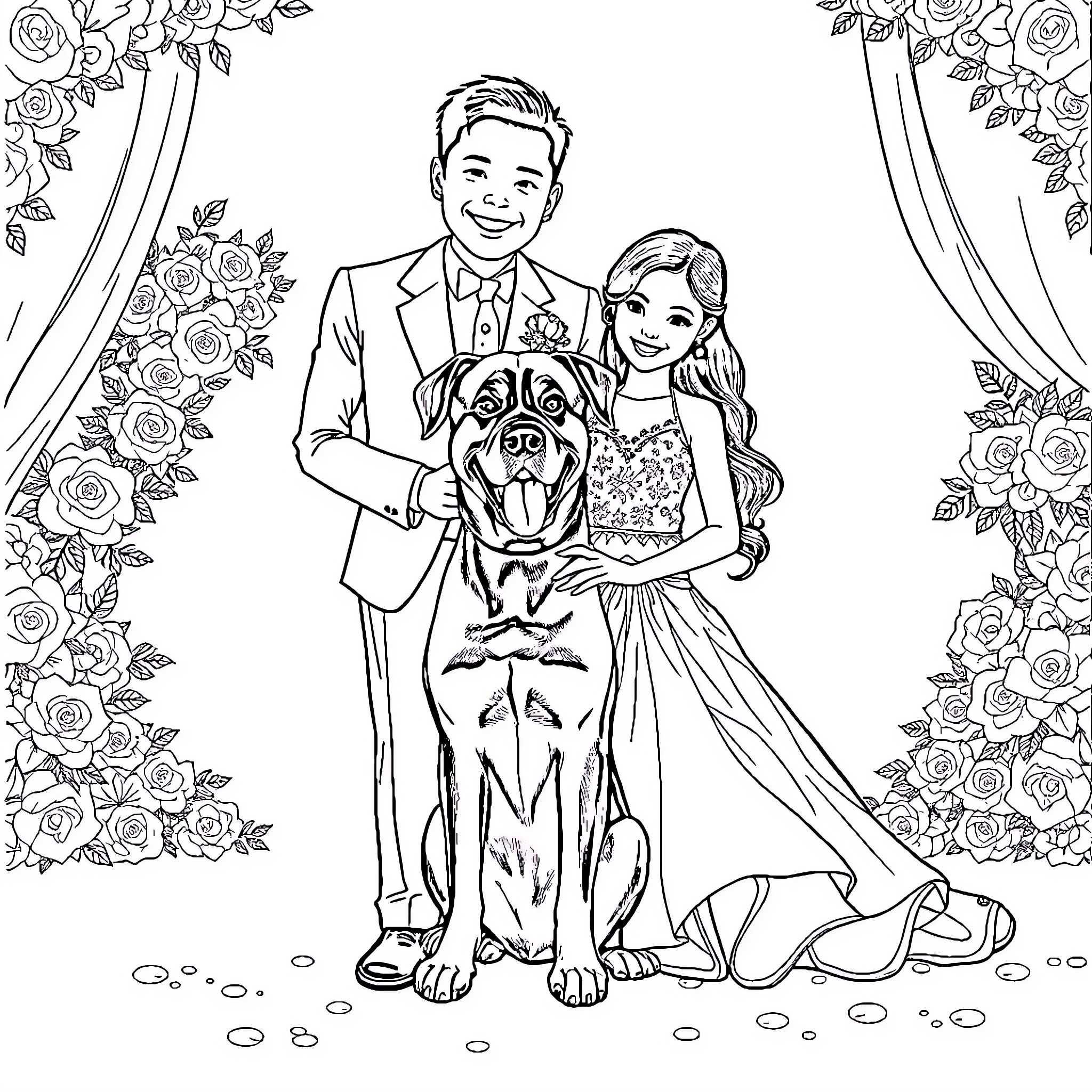 Man and woman posing with a dog in a floral setting Coloring Page (free black-and-white line drawing printable PDF for all, from beginners to advanced learners, including children, teens, adults, and seniors)