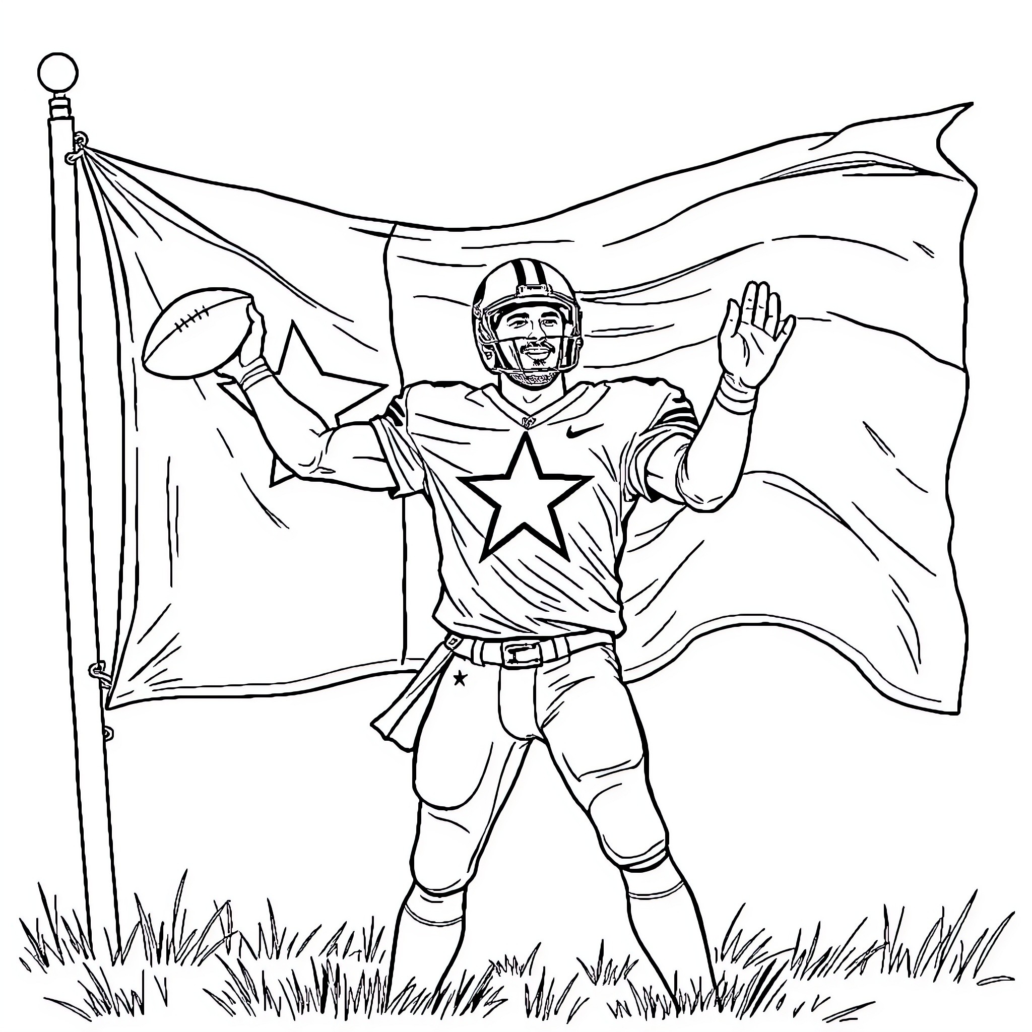 Tony Romo triumphantly waving a football flag Coloring Page (free black-and-white line drawing printable PDF for all, from beginners to advanced learners, including children, teens, adults, and seniors)