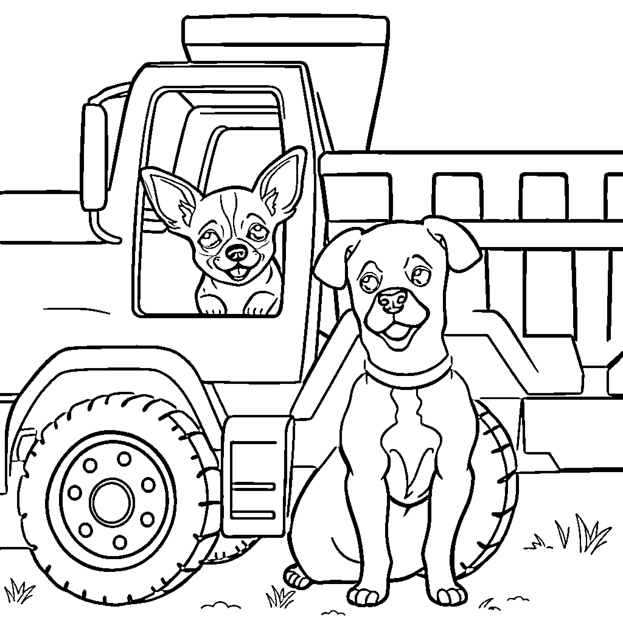 Chihuahuas enjoying a ride on the farm truck Coloring Page (free black-and-white line drawing printable PDF for all, from beginners to advanced learners, including children, teens, adults, and seniors)