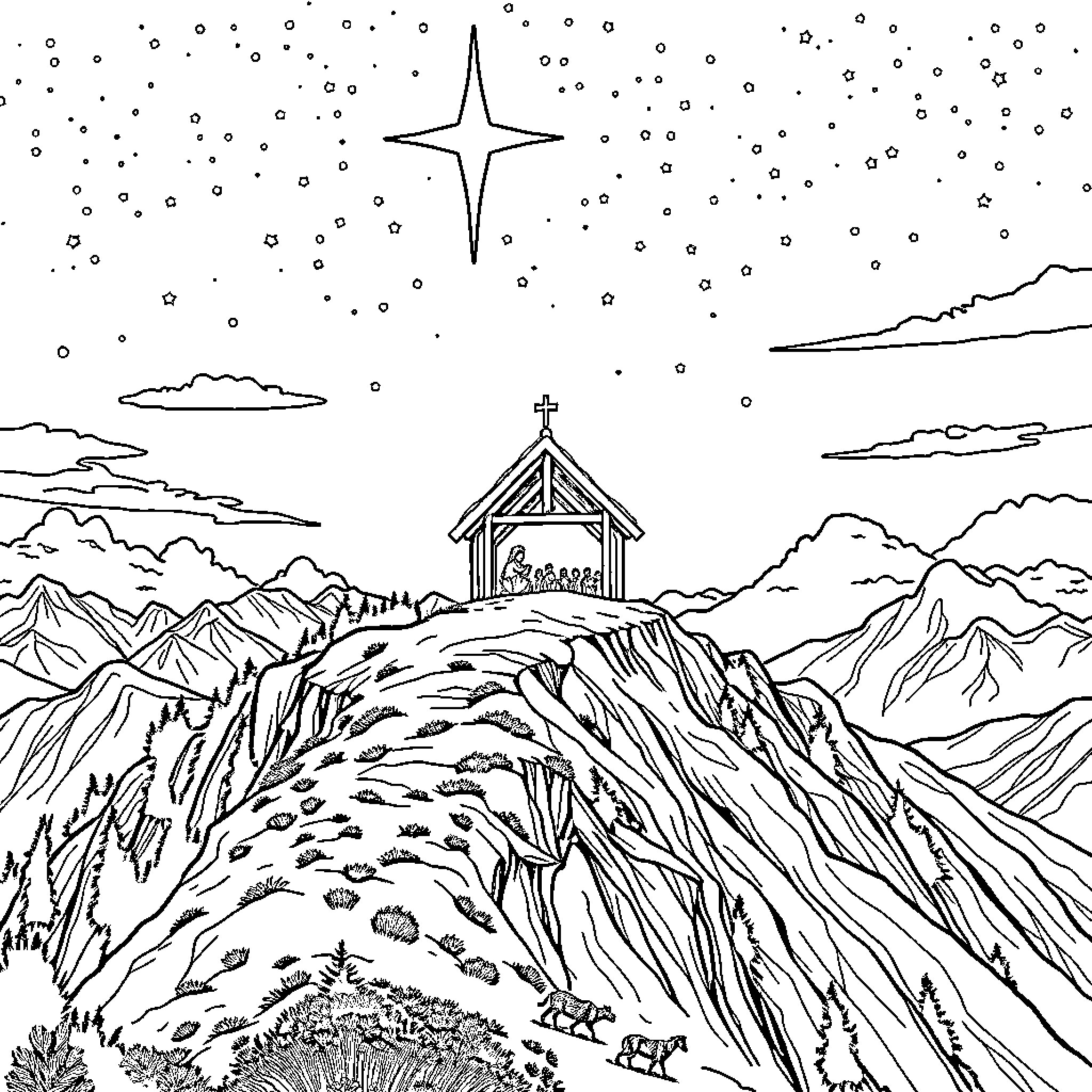 Noah's Ark on a Mountain under a Starry Sky Coloring Page (free black-and-white line drawing printable PDF for all, from beginners to advanced learners, including children, teens, adults, and seniors)