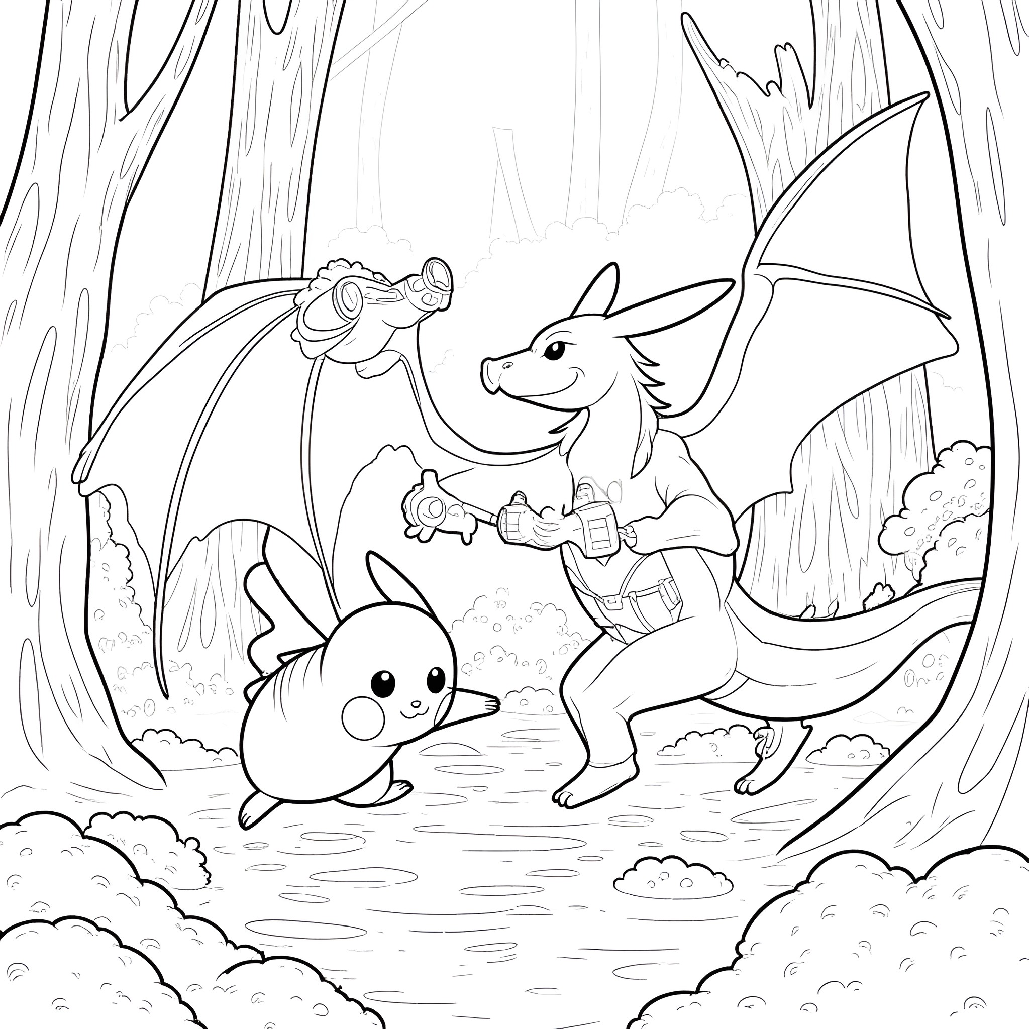 Dragon friends playing in the enchanted forest Coloring Page (free black-and-white line drawing printable PDF for all, from beginners to advanced learners, including children, teens, adults, and seniors)