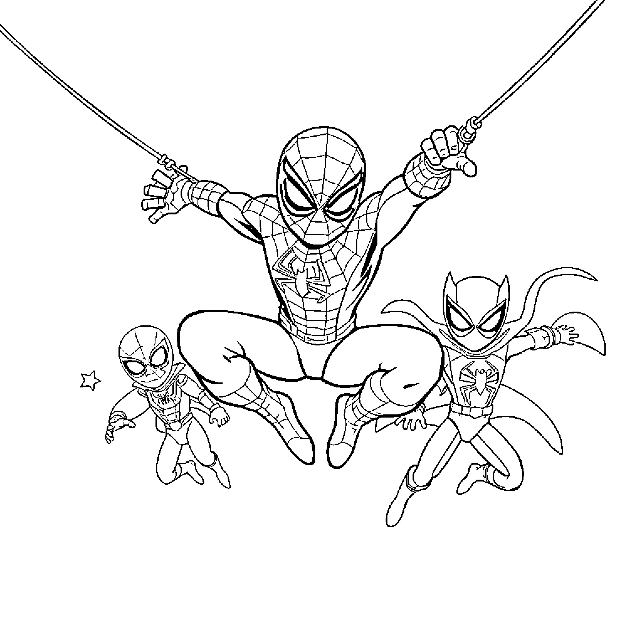 Spider-Man and sidekicks in action pose Coloring Page (free black-and-white line drawing printable PDF for all, from beginners to advanced learners, including children, teens, adults, and seniors)