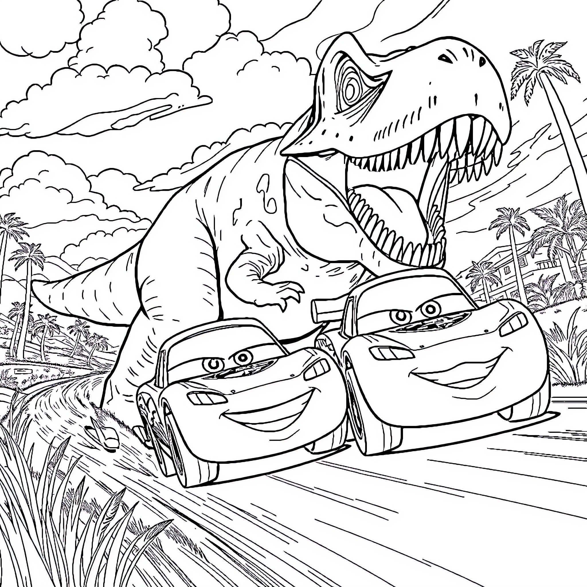 Lightning McQueen's Jurassic Adventure Coloring Page (free black-and-white line drawing printable PDF for all, from beginners to advanced learners, including children, teens, adults, and seniors)