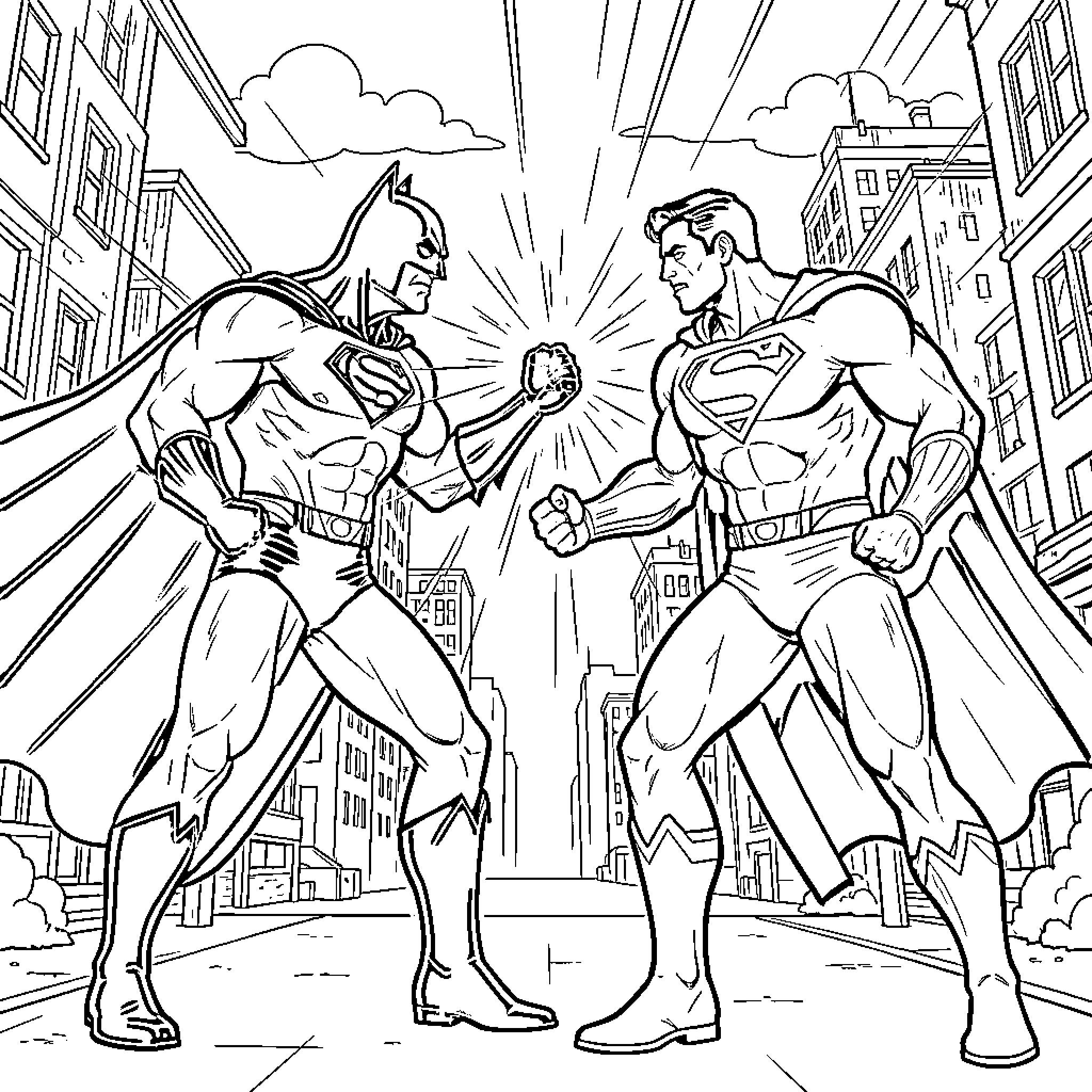 Batman vs Superman facing off in a city street Coloring Page (free black-and-white line drawing printable PDF for all, from beginners to advanced learners, including children, teens, adults, and seniors)