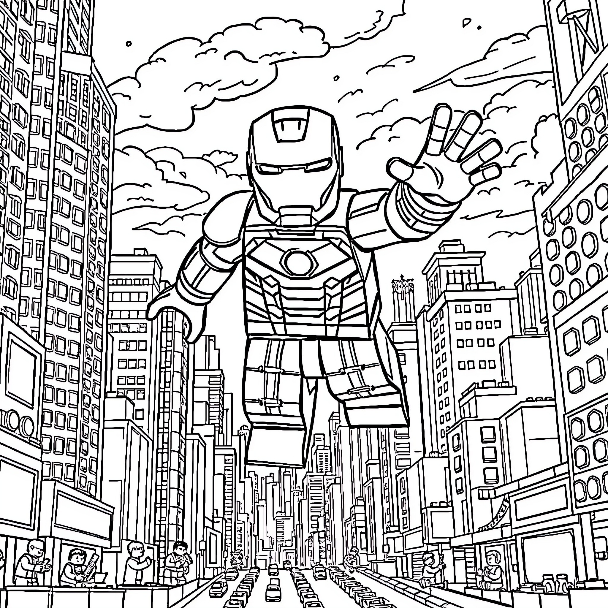 Ironman Soaring Over the City Skyline Coloring Page (free black-and-white line drawing printable PDF for all, from beginners to advanced learners, including children, teens, adults, and seniors)