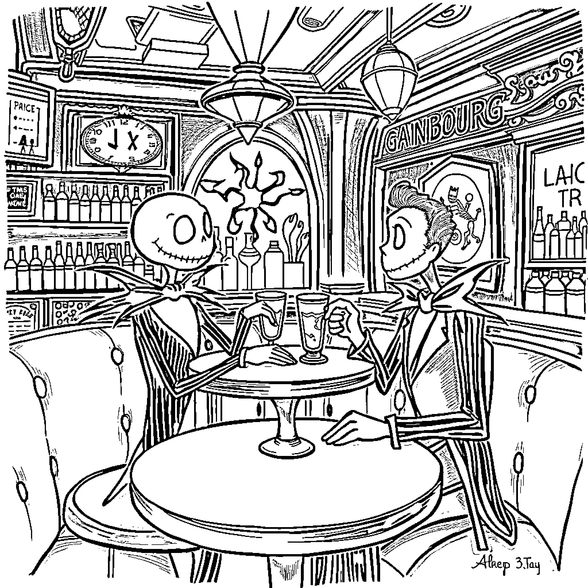 Jack Skellington enjoying a spooky dinner in a lively cafe Coloring Page (free black-and-white line drawing printable PDF for all, from beginners to advanced learners, including children, teens, adults, and seniors)