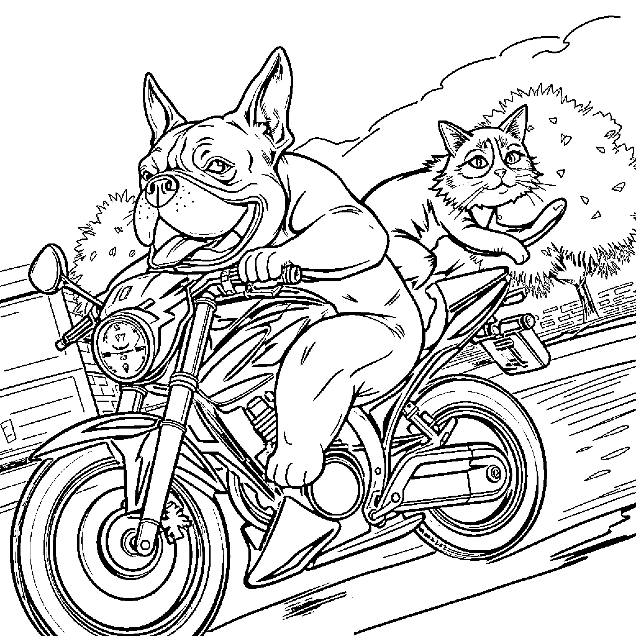 Bulldog and Cat Riding Motorcycle on the Road Coloring Page (free black-and-white line drawing printable PDF for all, from beginners to advanced learners, including children, teens, adults, and seniors)