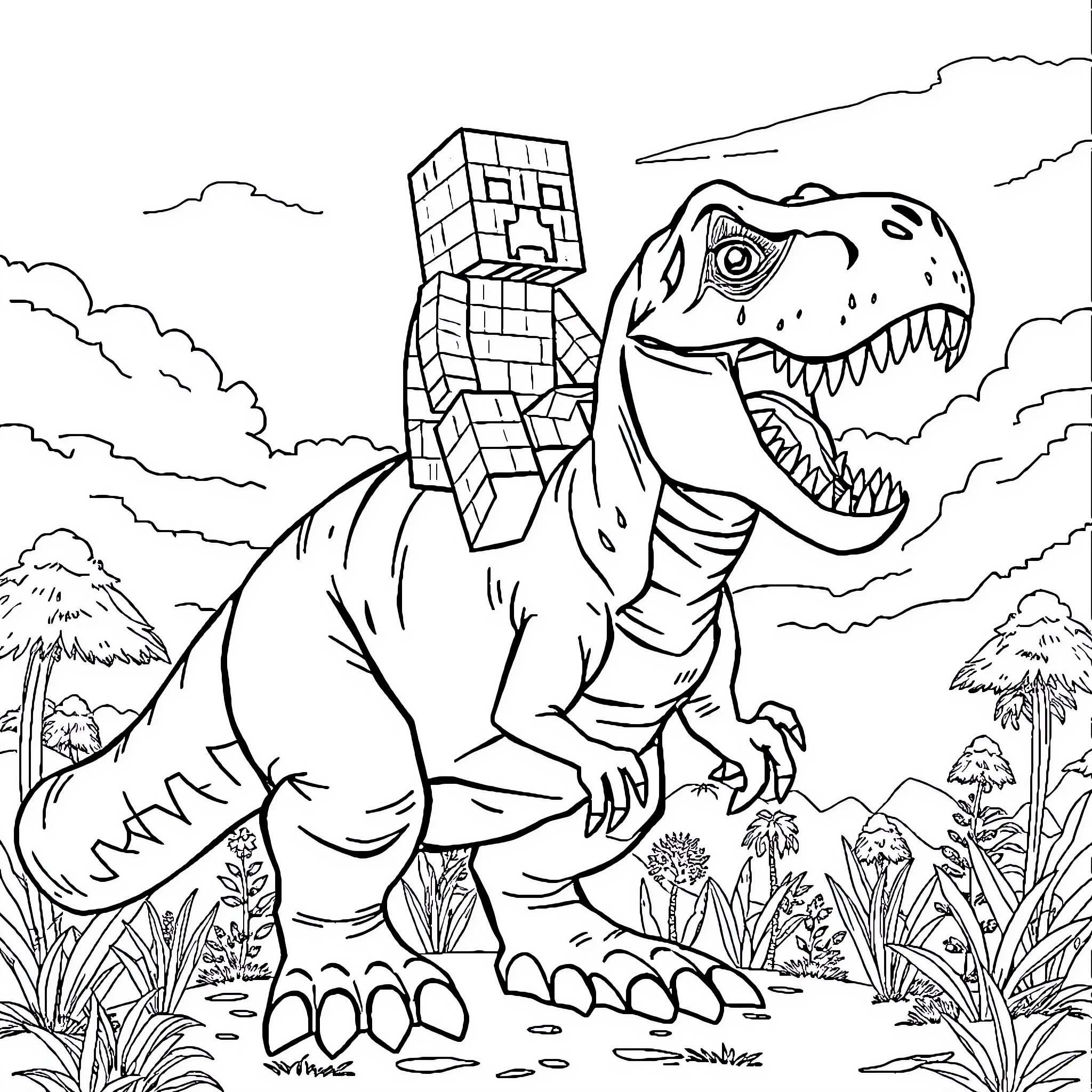 Creeper Tyrannosaurus Rex in the Prehistoric Landscape Coloring Page (free black-and-white line drawing printable PDF for all, from beginners to advanced learners, including children, teens, adults, and seniors)