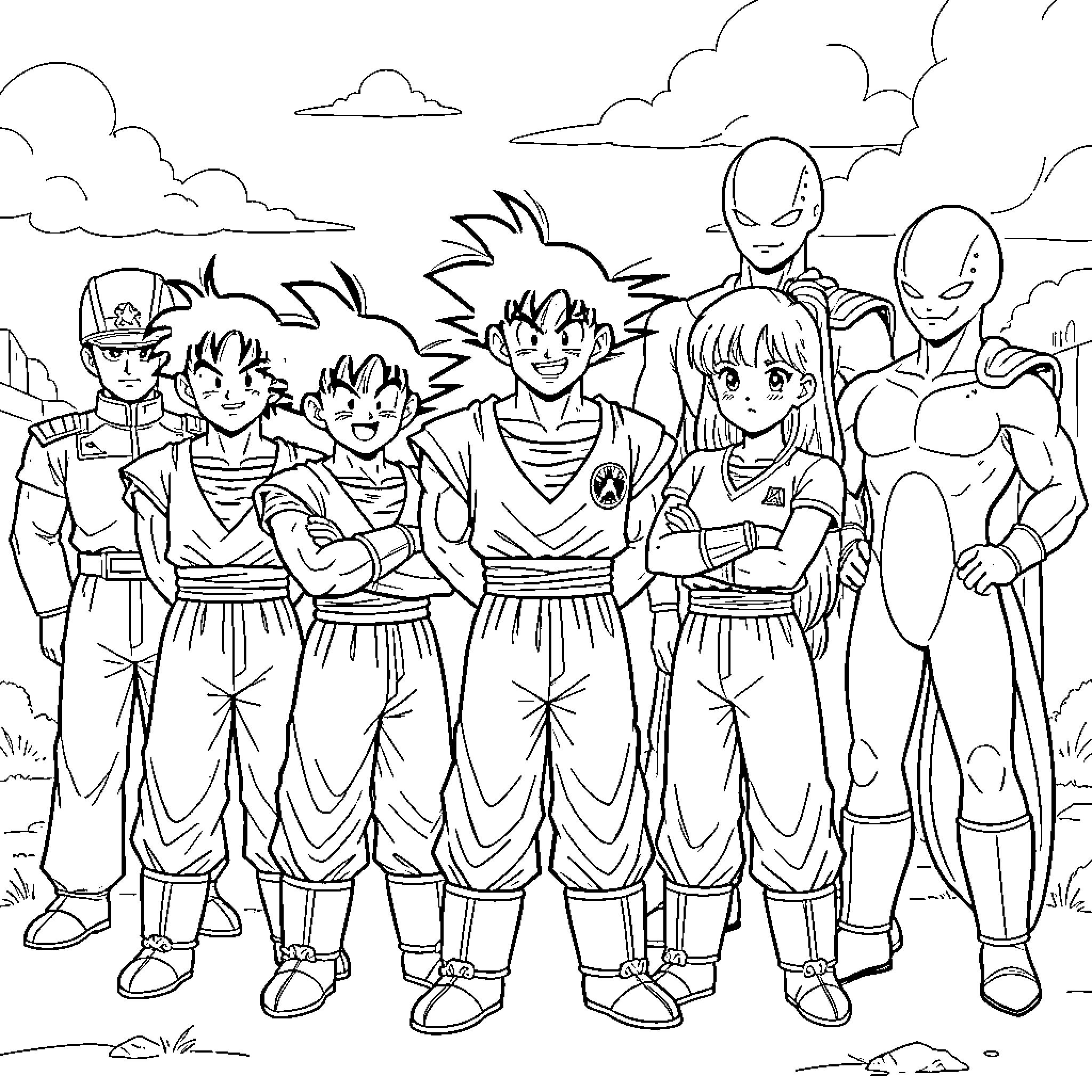 Dragon Ball characters posing together in a group Coloring Page (free black-and-white line drawing printable PDF for all, from beginners to advanced learners, including children, teens, adults, and seniors)