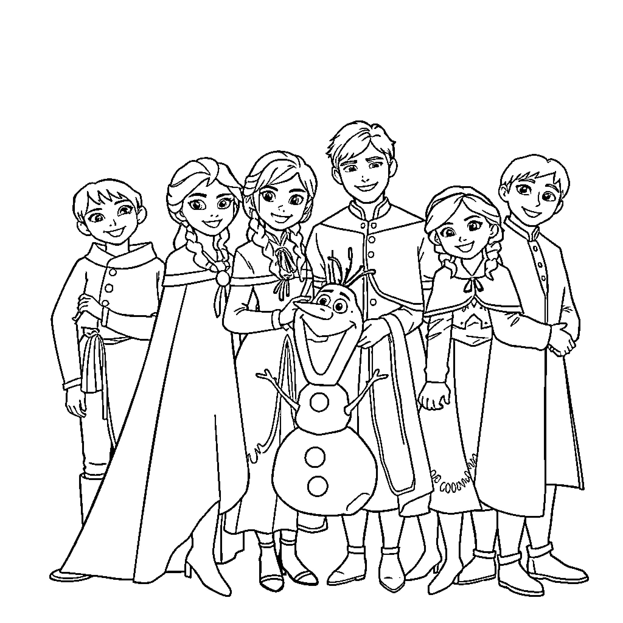 Frozen Characters in Colorful Outfits and Poses Coloring Page (free black-and-white line drawing printable PDF for all, from beginners to advanced learners, including children, teens, adults, and seniors)