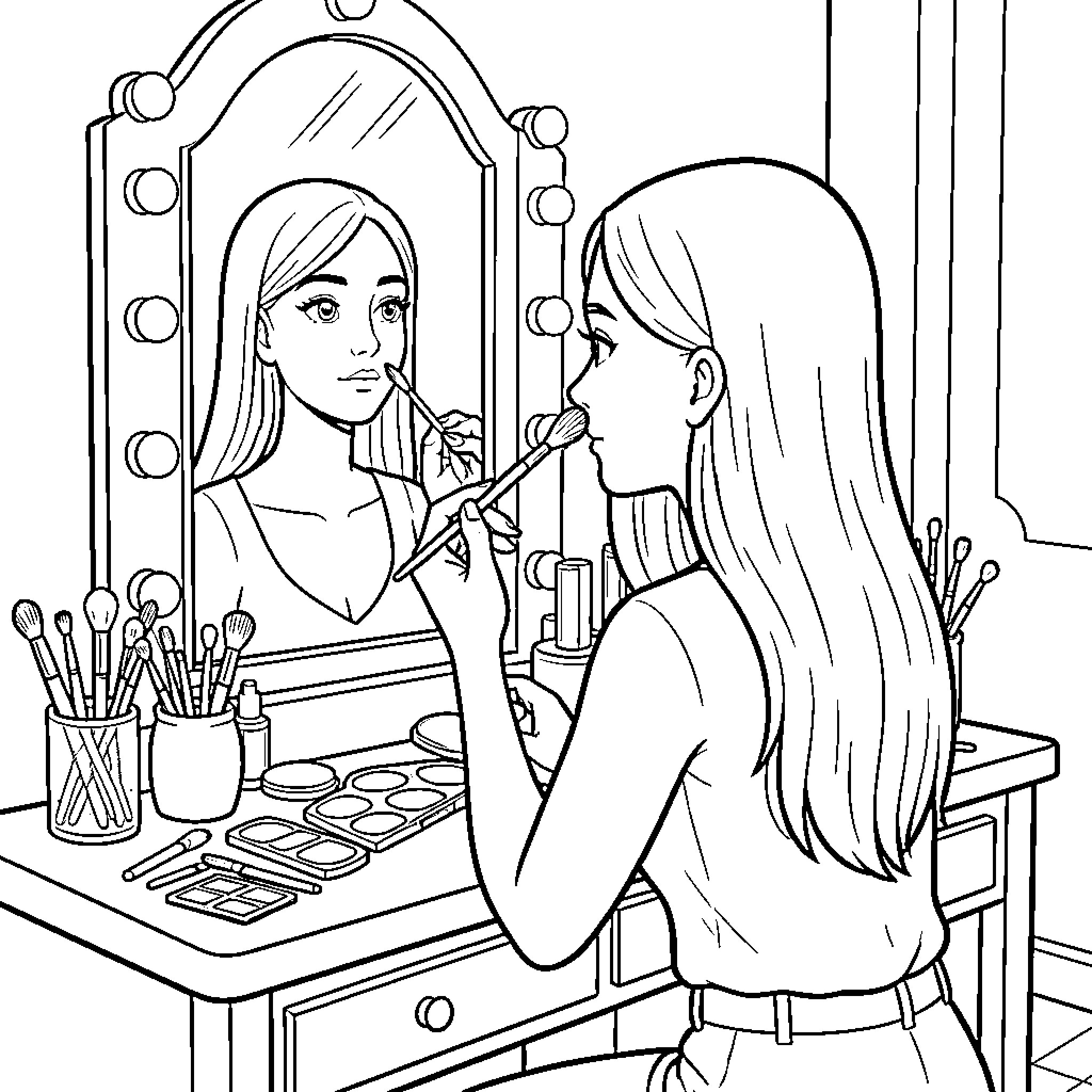 Chica getting ready in front of the mirror Coloring Page (free black-and-white line drawing printable PDF for all, from beginners to advanced learners, including children, teens, adults, and seniors)