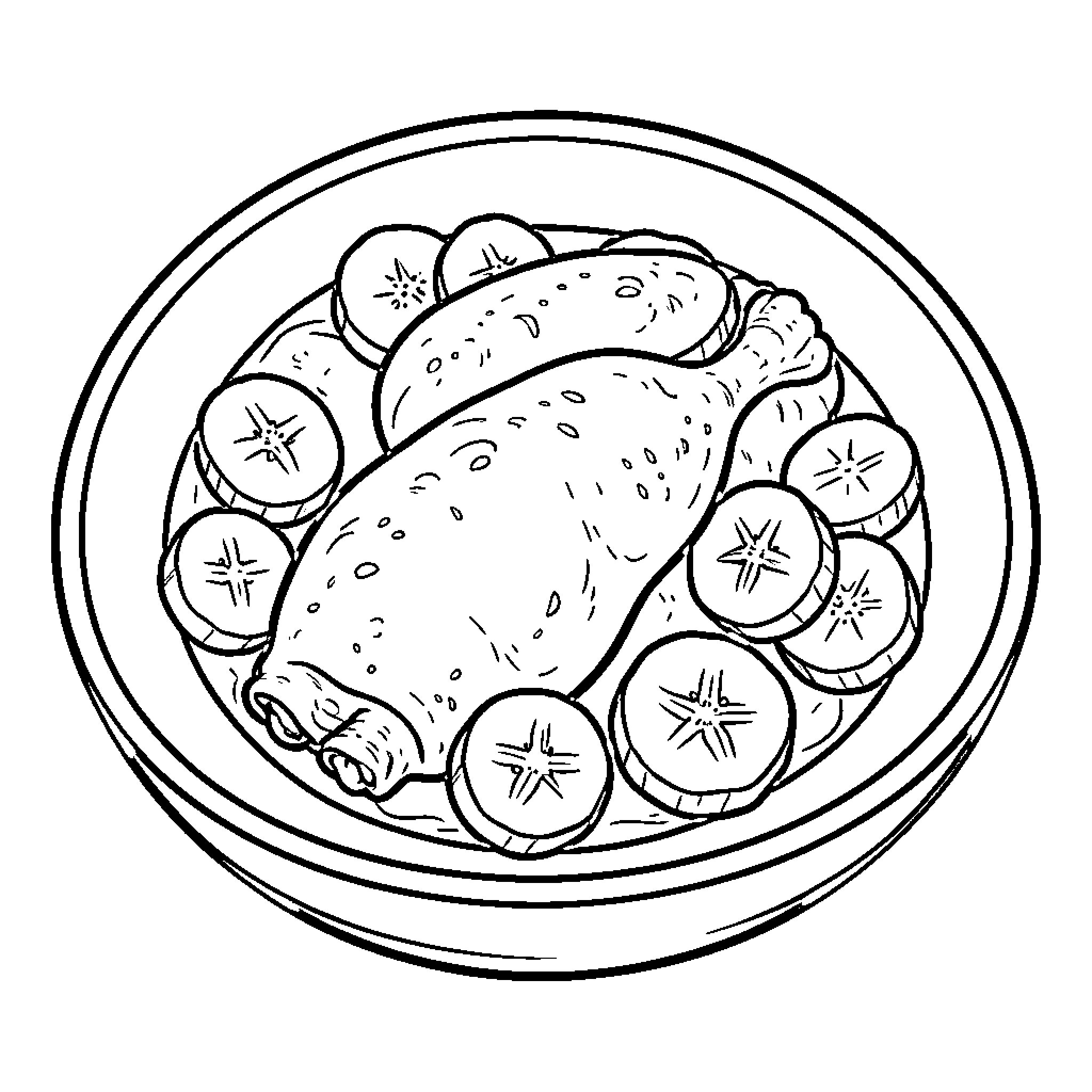 Chicken drumsticks served in a bowl with sliced vegetables Coloring Page (free black-and-white line drawing printable PDF for all, from beginners to advanced learners, including children, teens, adults, and seniors)