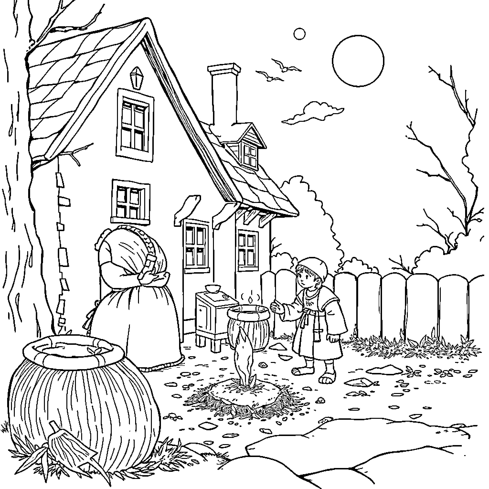 Boy exploring old cottage in the countryside Coloring Page (free black-and-white line drawing printable PDF for all, from beginners to advanced learners, including children, teens, adults, and seniors)