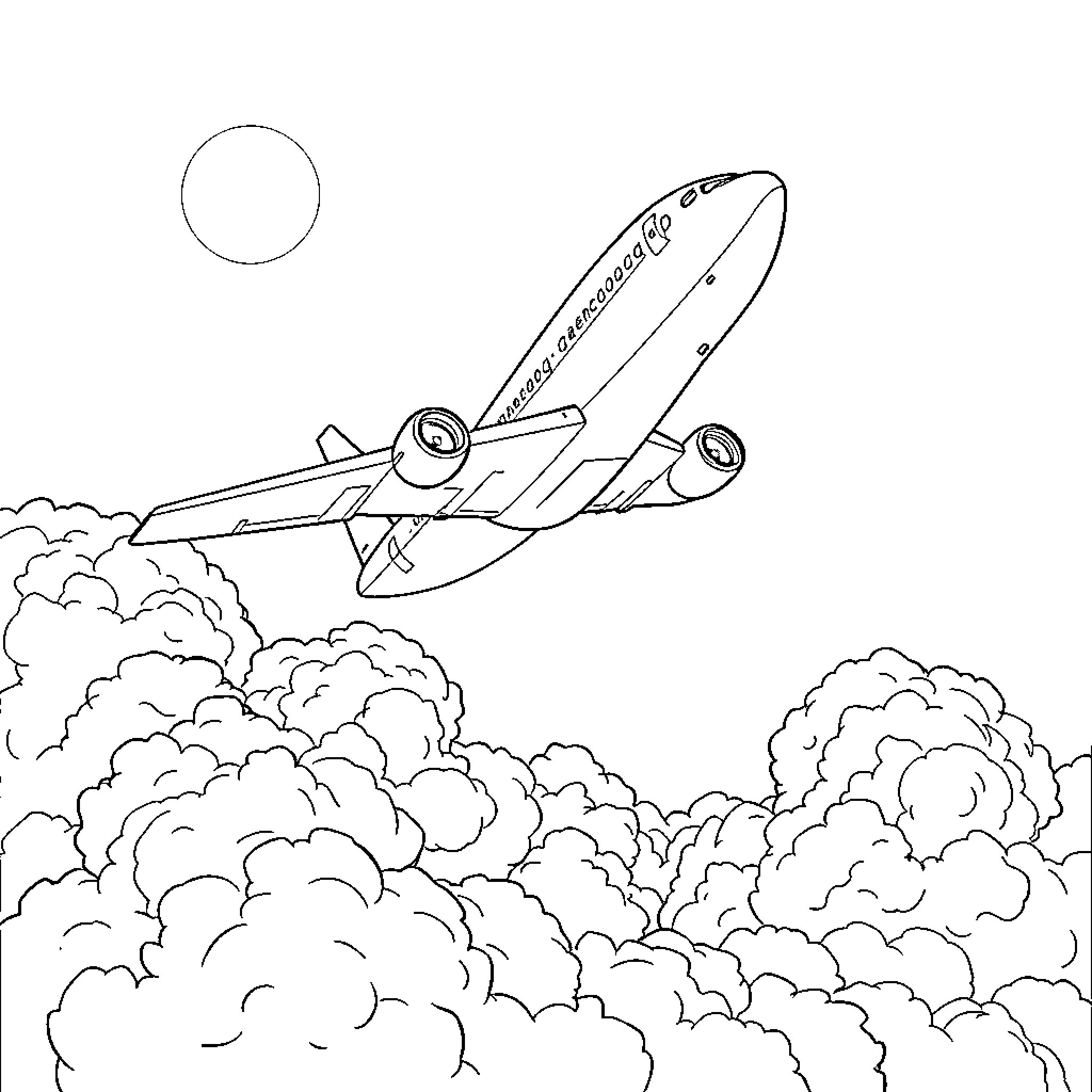 Plane taking off through cloudy skies Coloring Page (free black-and-white line drawing printable PDF for all, from beginners to advanced learners, including children, teens, adults, and seniors)