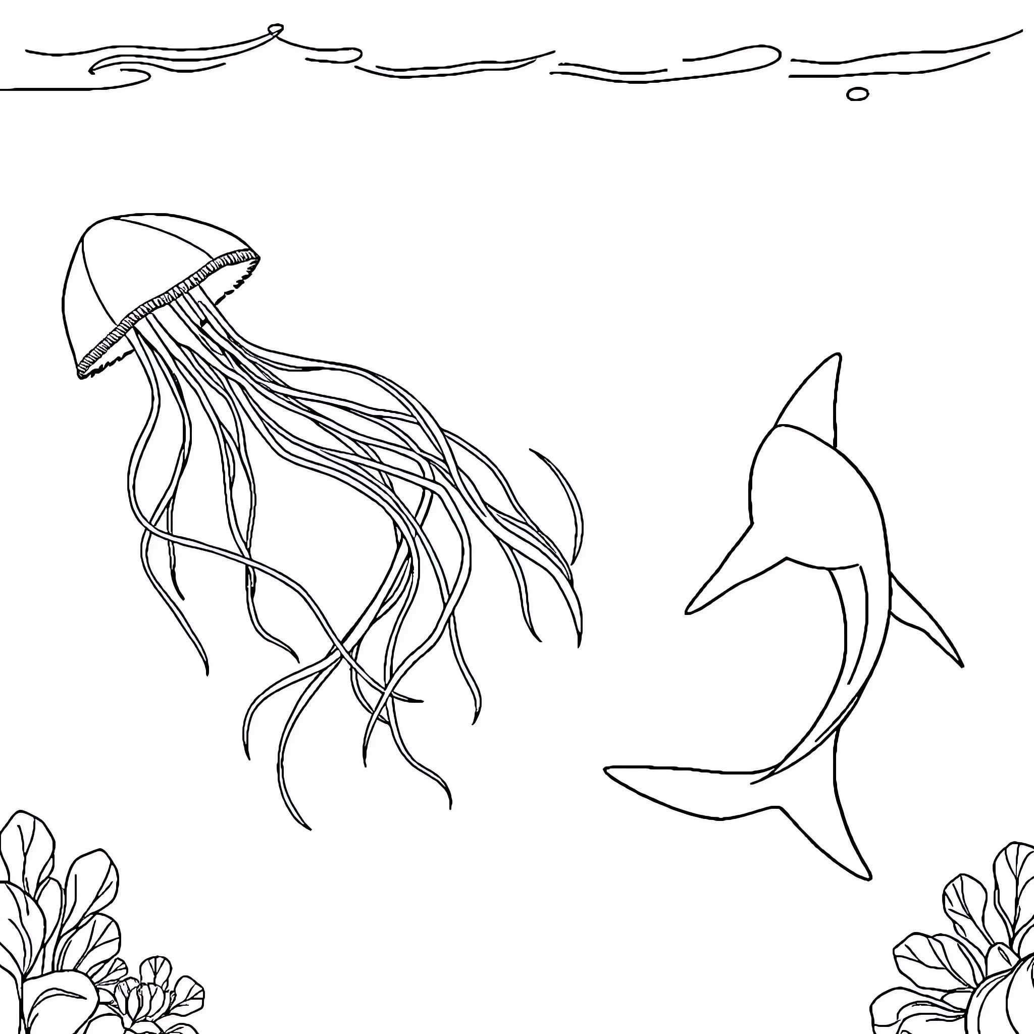 Jellyfish and shark swimming playfully in the ocean Coloring Page (free black-and-white line drawing printable PDF for all, from beginners to advanced learners, including children, teens, adults, and seniors)