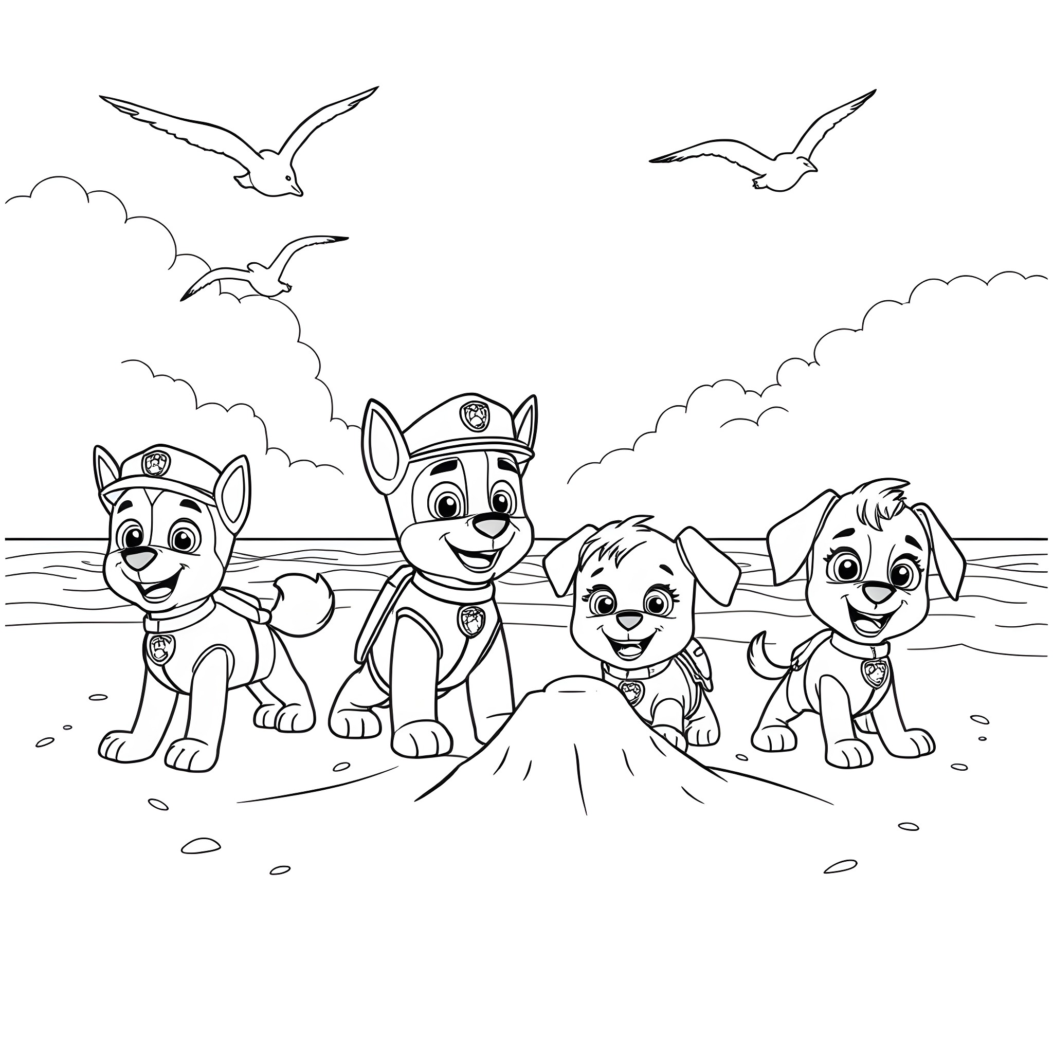 Paw Patrol puppies on the beach Coloring Page (free black-and-white line drawing printable PDF for all, from beginners to advanced learners, including children, teens, adults, and seniors)