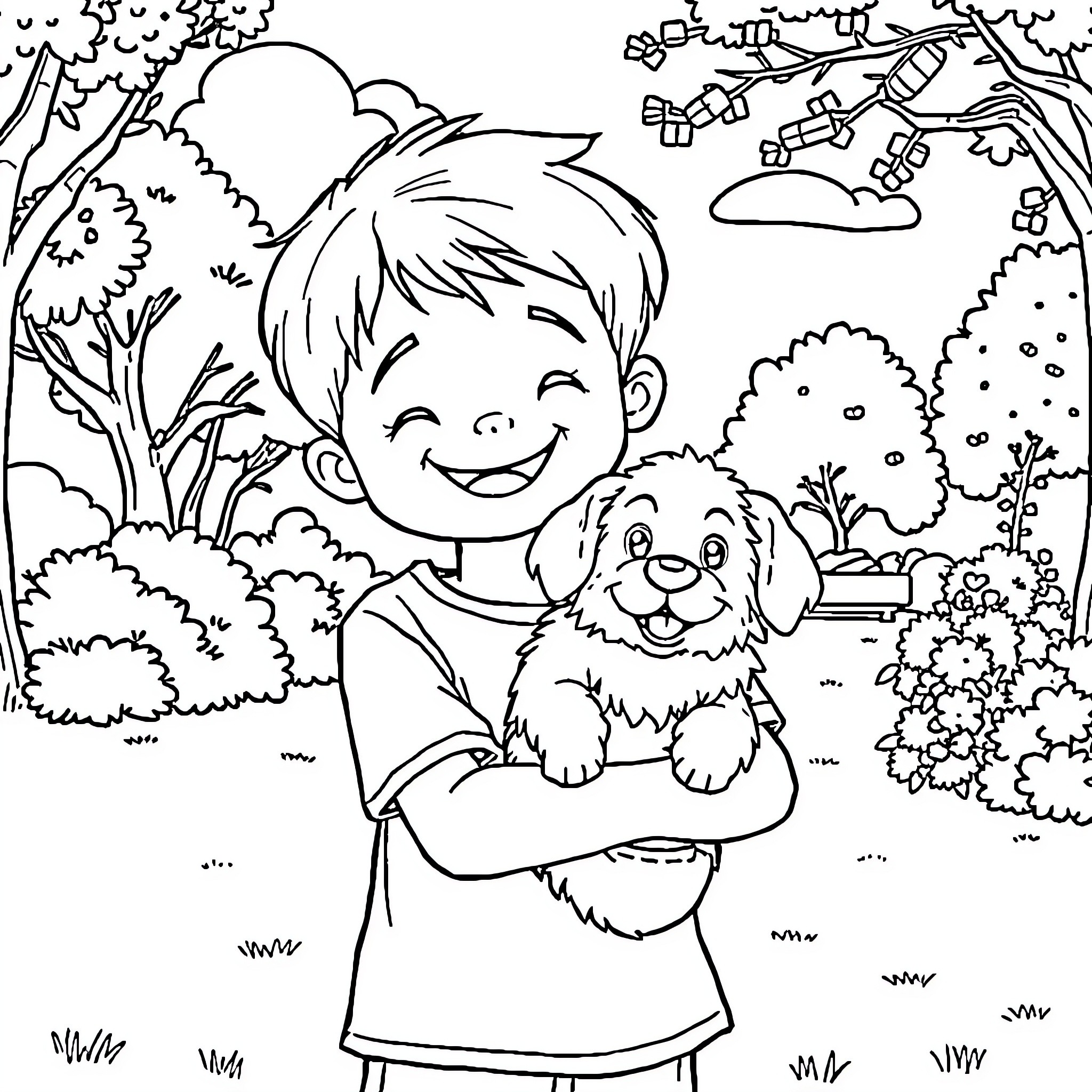 Kid playing happily with pet dog in nature Coloring Page (free black-and-white line drawing printable PDF for all, from beginners to advanced learners, including children, teens, adults, and seniors)