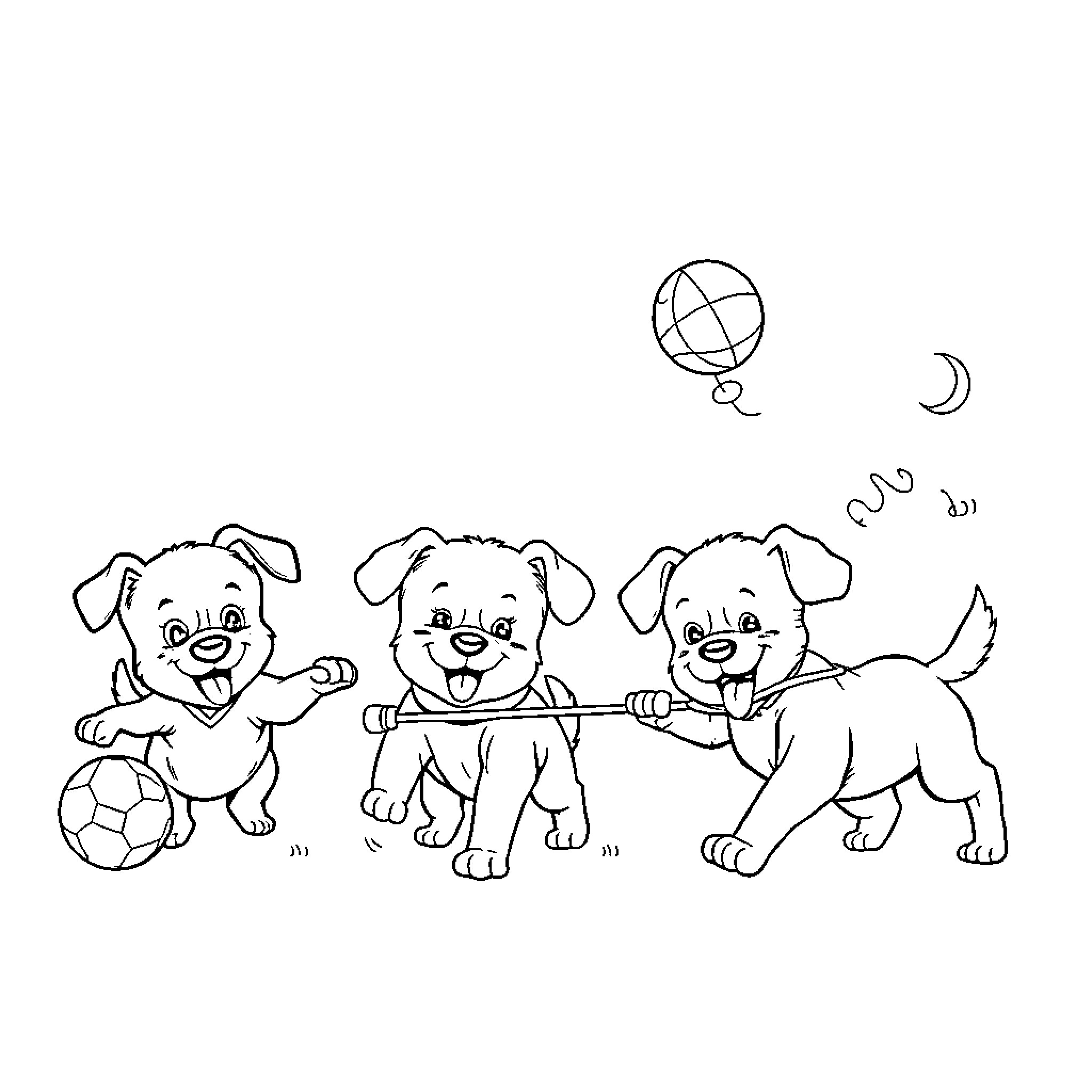Puppy Playing with Ball and Friends Coloring Page (free black-and-white line drawing printable PDF for all, from beginners to advanced learners, including children, teens, adults, and seniors)