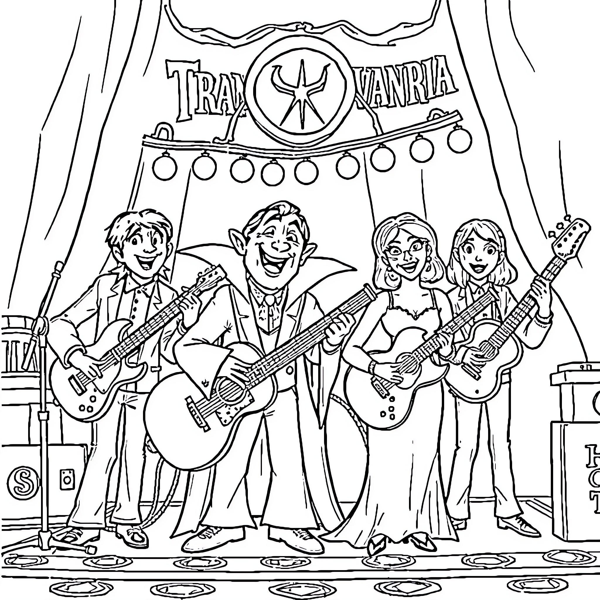 Hotel Transylvania Band Members Performing on Stage Coloring Page (free black-and-white line drawing printable PDF for all, from beginners to advanced learners, including children, teens, adults, and seniors)