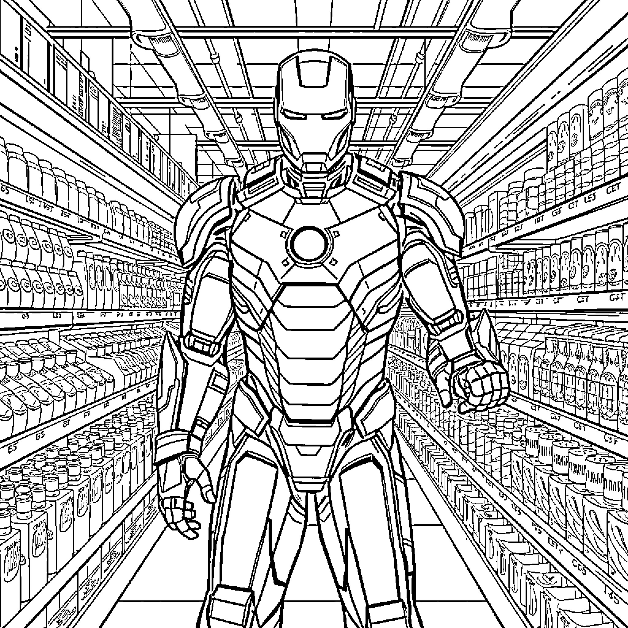 Iron Man Superheroing Through a Supermarket Coloring Page (free black-and-white line drawing printable PDF for all, from beginners to advanced learners, including children, teens, adults, and seniors)