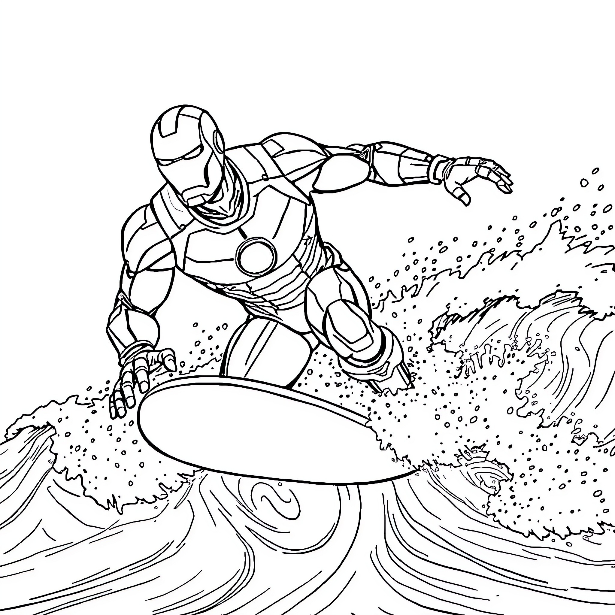 Ironman surfing through stormy waves Coloring Page (free black-and-white line drawing printable PDF for all, from beginners to advanced learners, including children, teens, adults, and seniors)