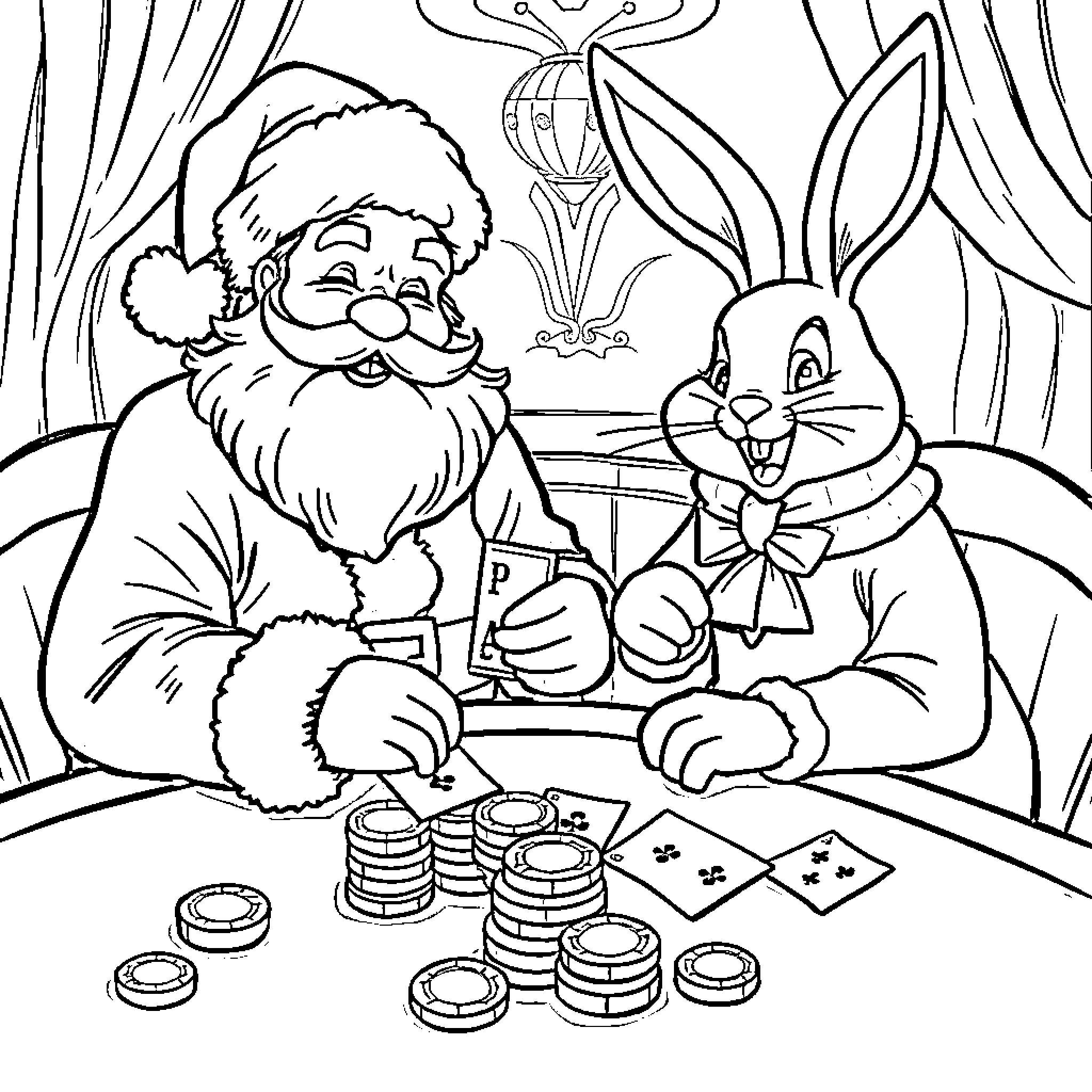 Santa and Bunny Playing Cards Coloring Page (free black-and-white line drawing printable PDF for all, from beginners to advanced learners, including children, teens, adults, and seniors)