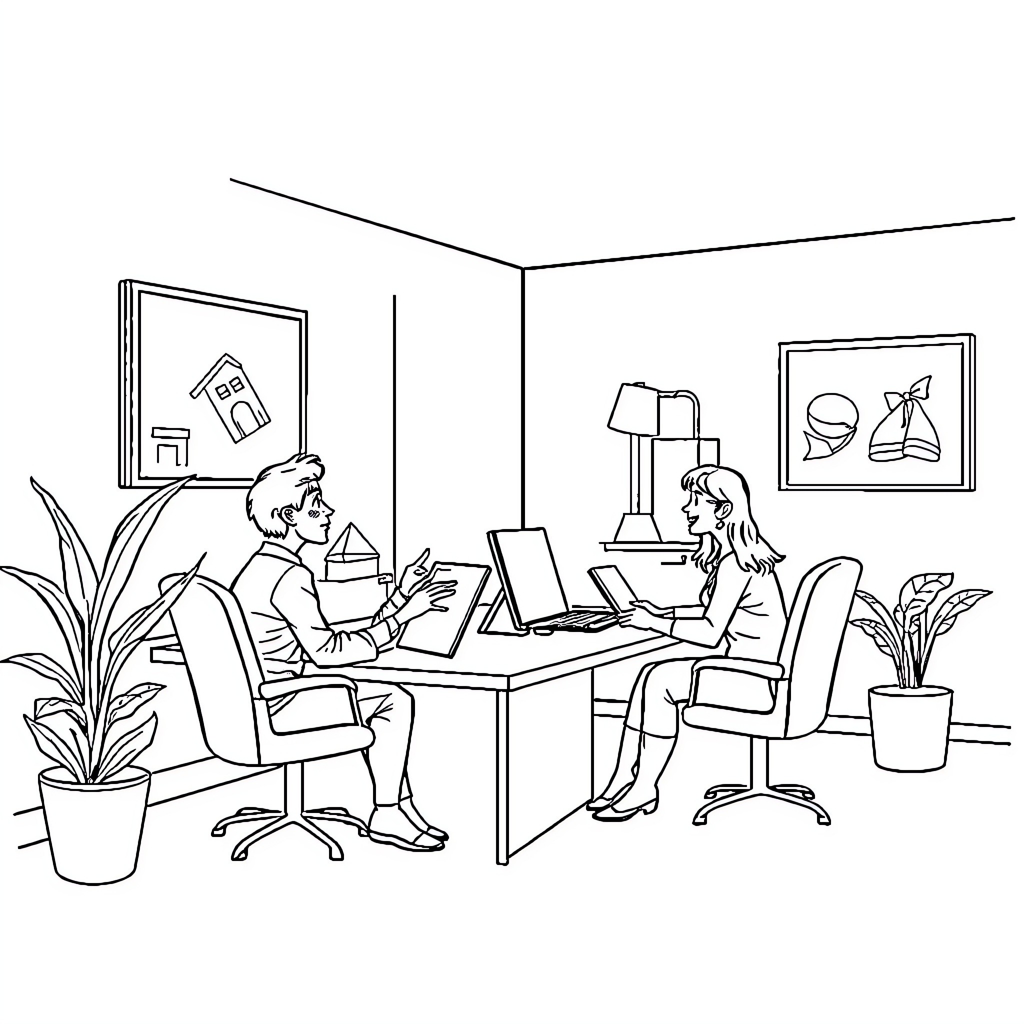 Home Loan Meeting with Financial Advisors Coloring Page (free black-and-white line drawing printable PDF for all, from beginners to advanced learners, including children, teens, adults, and seniors)