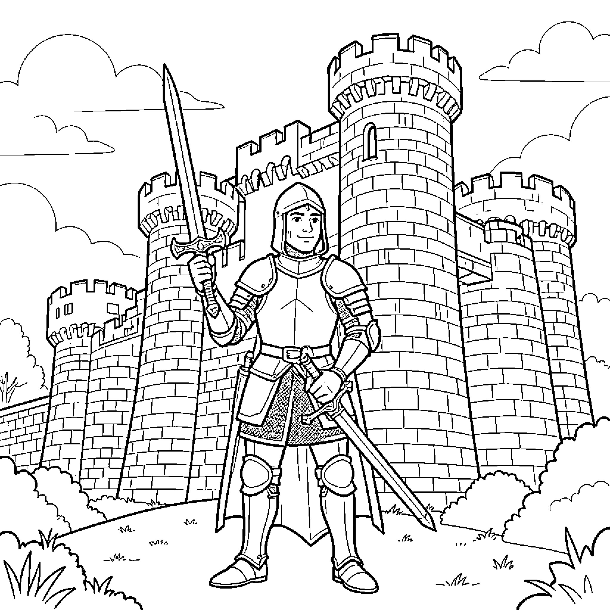 Knight standing proudly with swords in front of a castle Coloring Page (free black-and-white line drawing printable PDF for all, from beginners to advanced learners, including children, teens, adults, and seniors)
