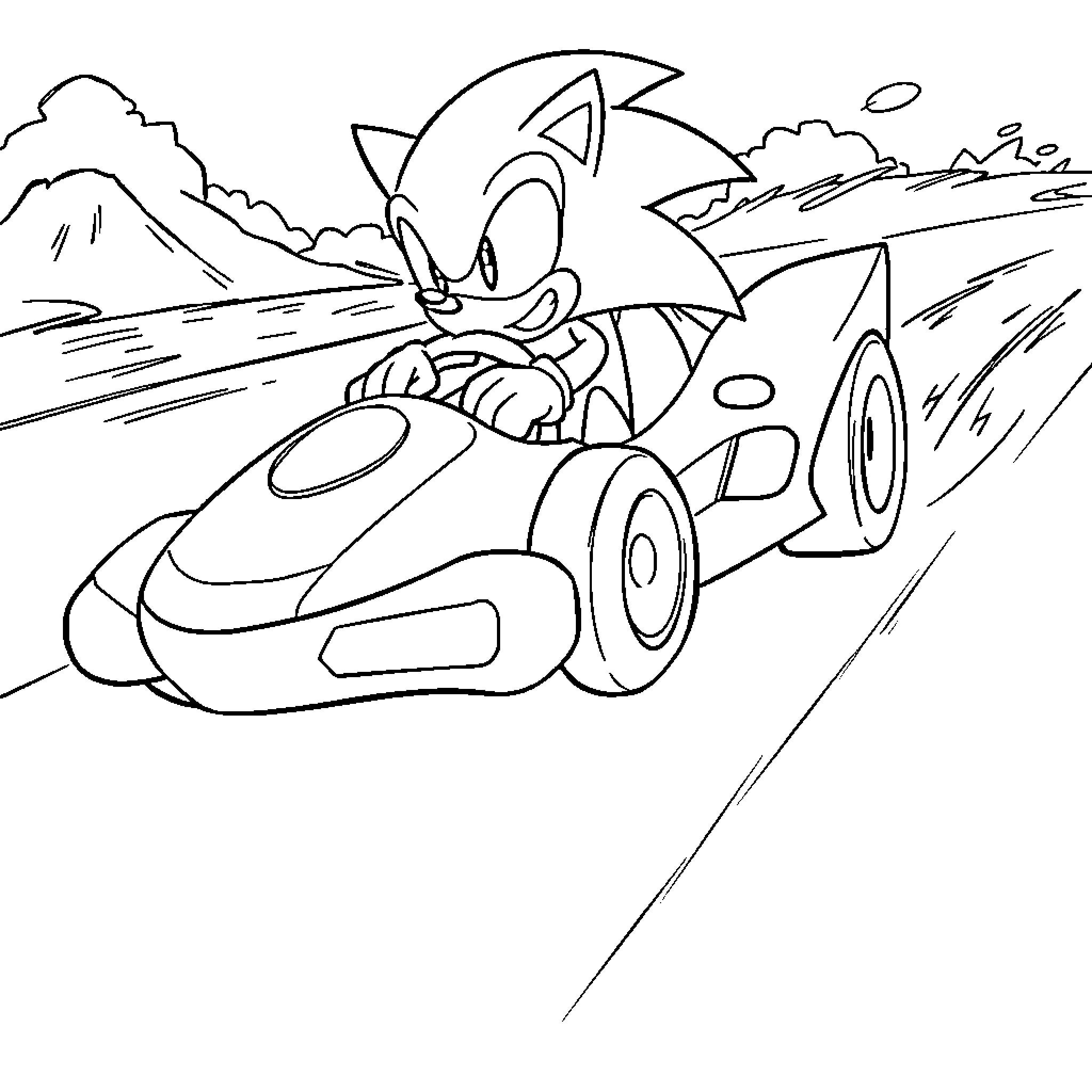 Sonic speeding through winding road in the countryside Coloring Page (free black-and-white line drawing printable PDF for all, from beginners to advanced learners, including children, teens, adults, and seniors)