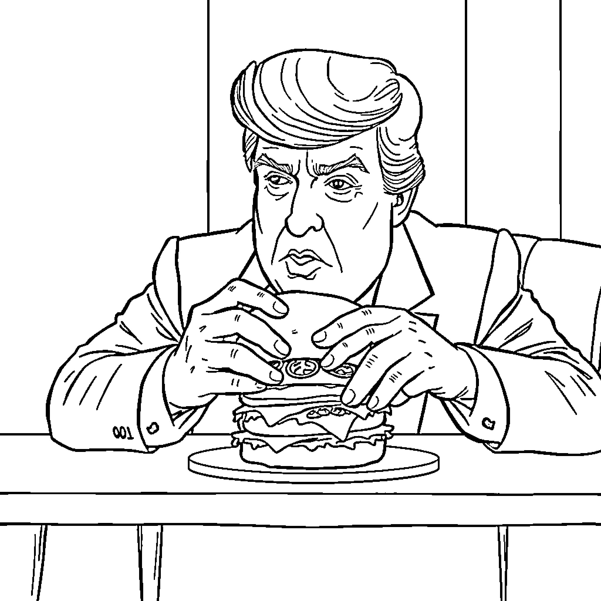 Donald Trump enjoying a sandwich in his office Coloring Page (free black-and-white line drawing printable PDF for all, from beginners to advanced learners, including children, teens, adults, and seniors)