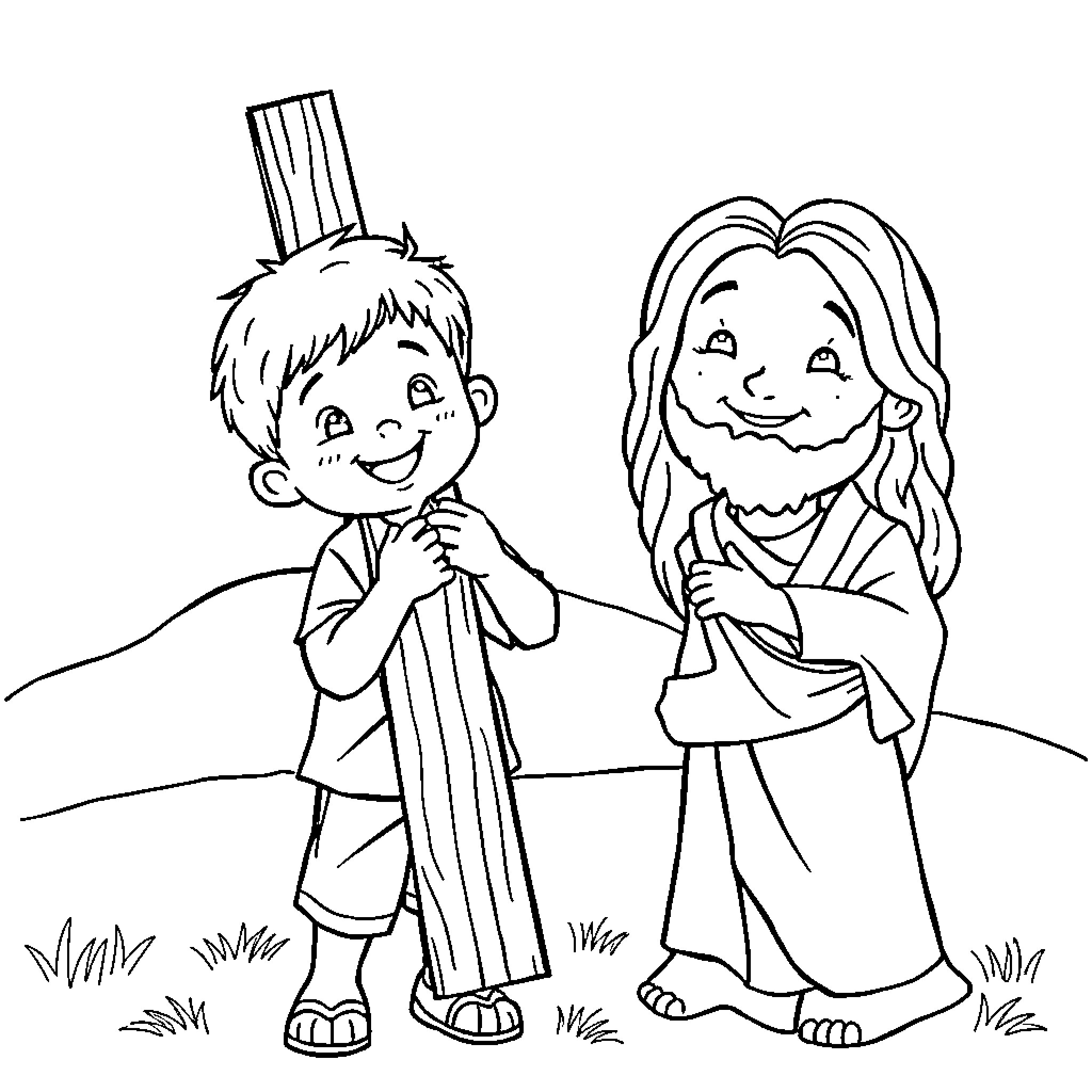 Boy and girl playing together happily outdoors Coloring Page (free black-and-white line drawing printable PDF for all, from beginners to advanced learners, including children, teens, adults, and seniors)