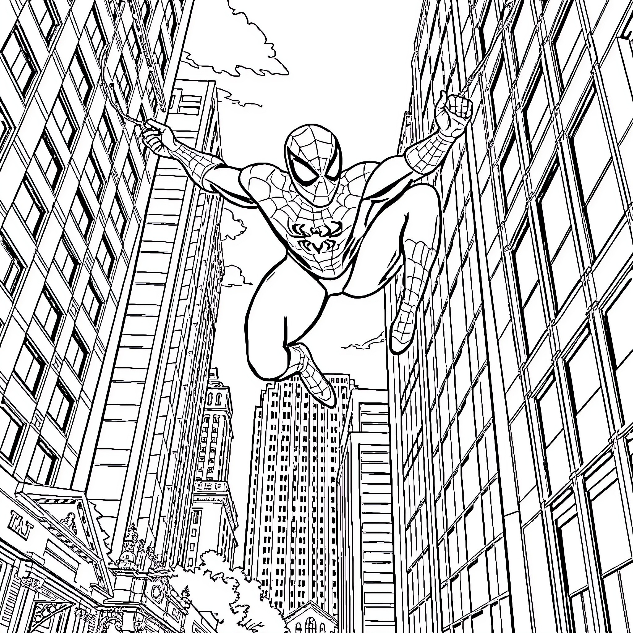 Spiderman swinging through the city skyline Coloring Page (free black-and-white line drawing printable PDF for all, from beginners to advanced learners, including children, teens, adults, and seniors)