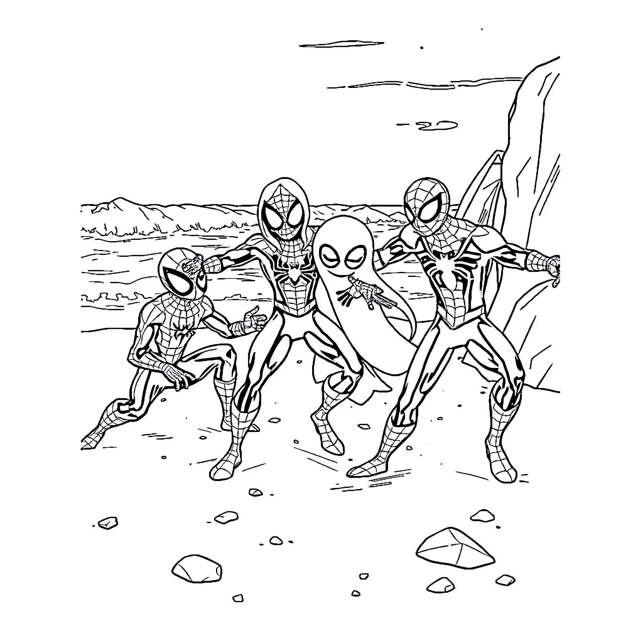 Spider heroes in action-packed adventure Coloring Page (free black-and-white line drawing printable PDF for all, from beginners to advanced learners, including children, teens, adults, and seniors)
