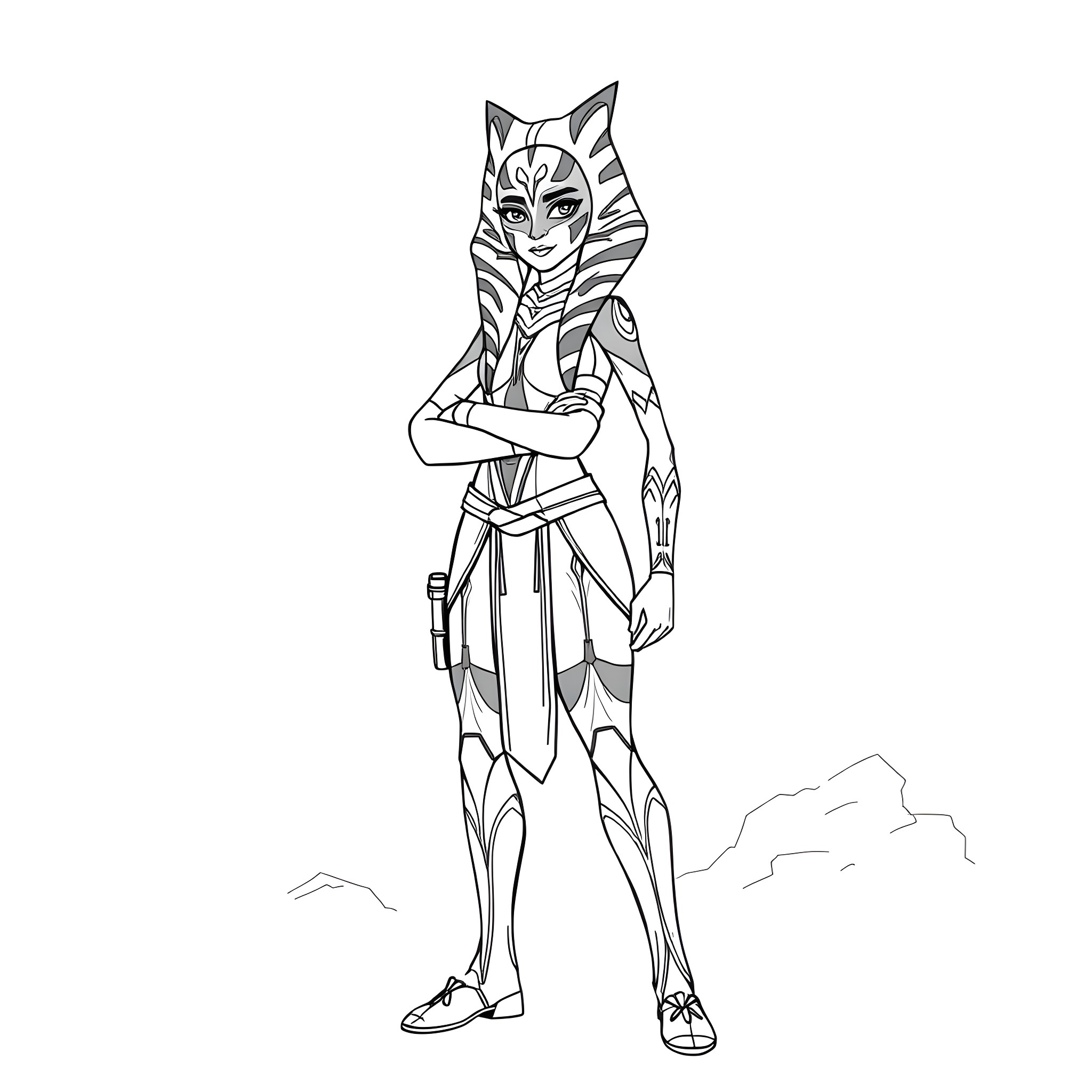 Ahsoka in heroic pose with unique costume and gear Coloring Page (free black-and-white line drawing printable PDF for all, from beginners to advanced learners, including children, teens, adults, and seniors)