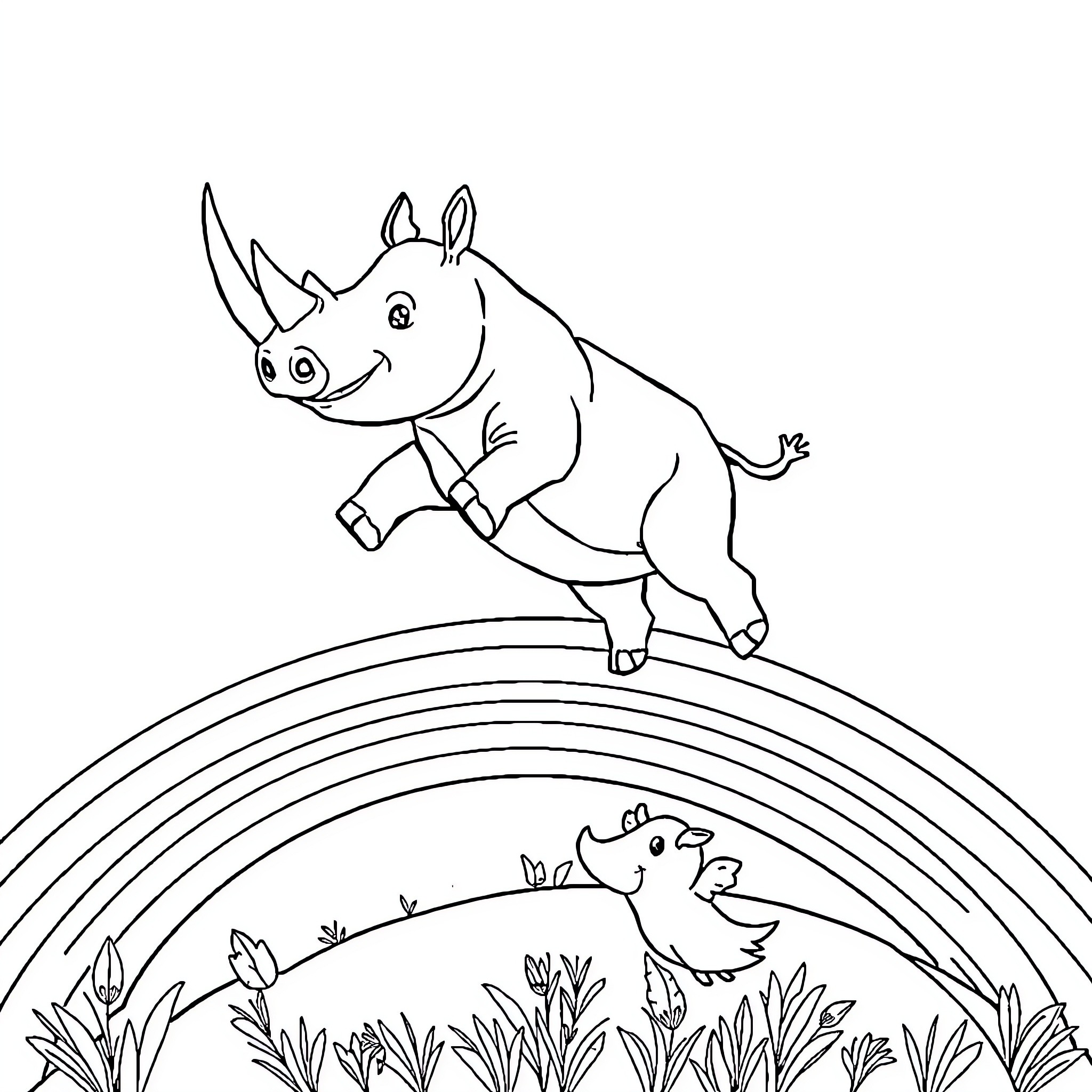Rhino jumping joyfully over rainbow and flowers Coloring Page (free black-and-white line drawing printable PDF for all, from beginners to advanced learners, including children, teens, adults, and seniors)