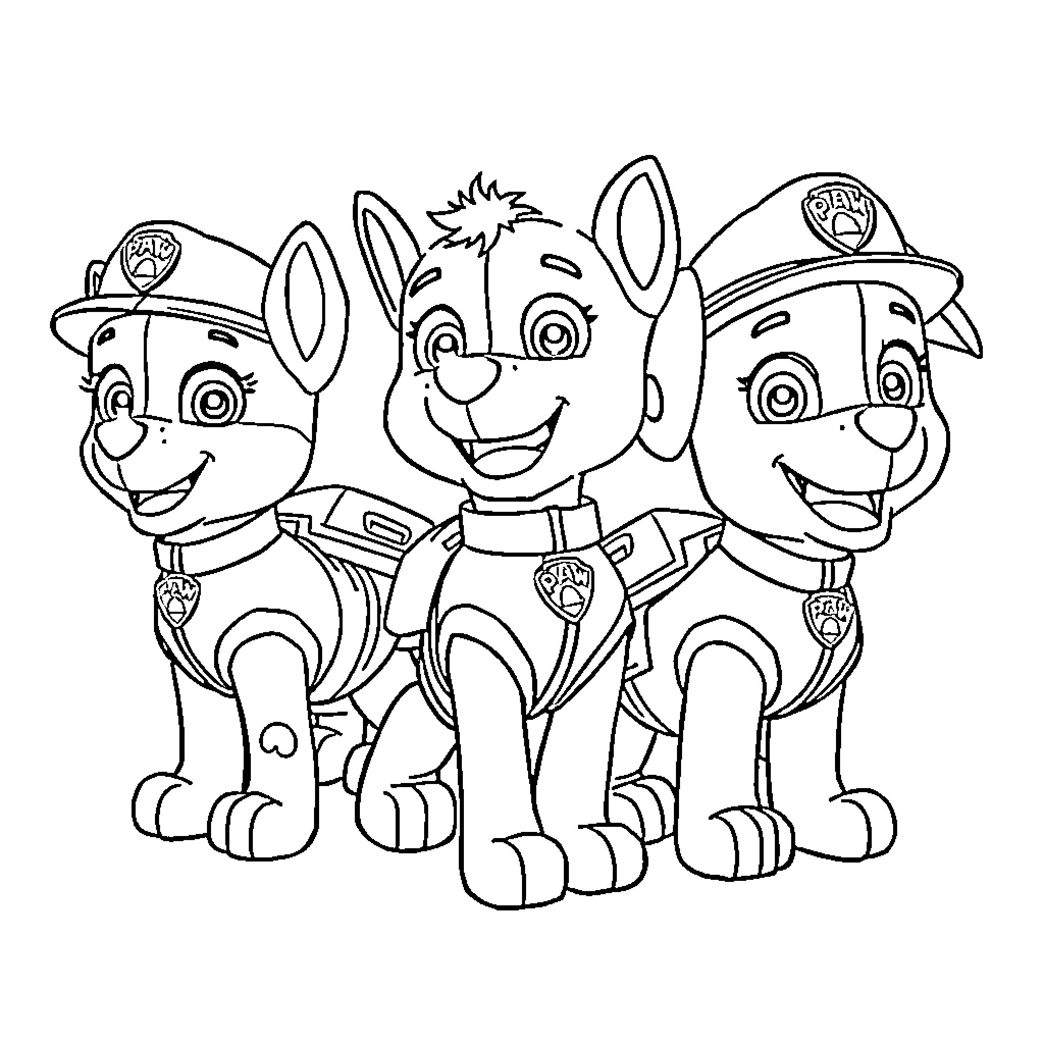 Paw Patrol puppies in uniform posing together Coloring Page (free black-and-white line drawing printable PDF for all, from beginners to advanced learners, including children, teens, adults, and seniors)