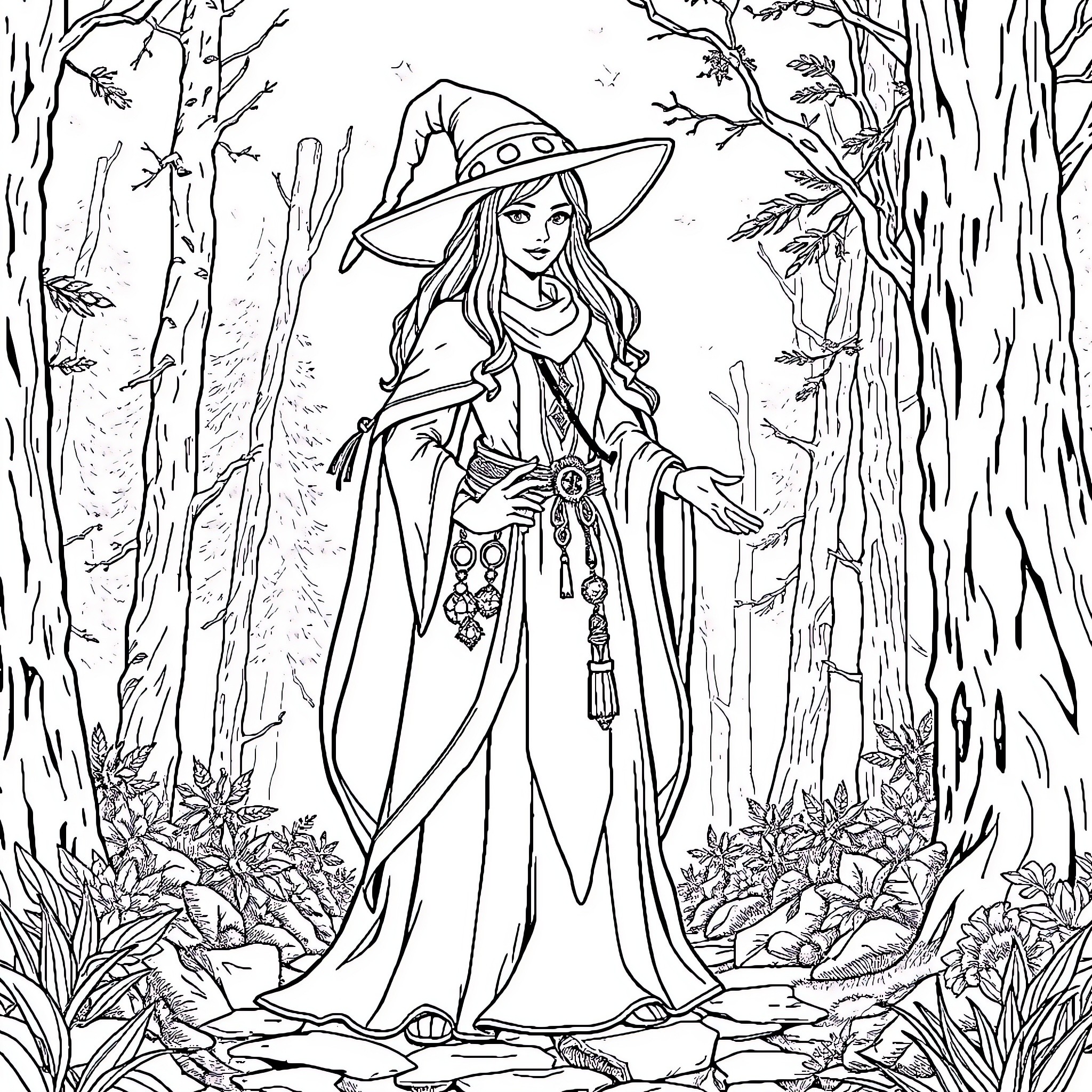 Frieren in the enchanted forest Coloring Page (free black-and-white line drawing printable PDF for all, from beginners to advanced learners, including children, teens, adults, and seniors)