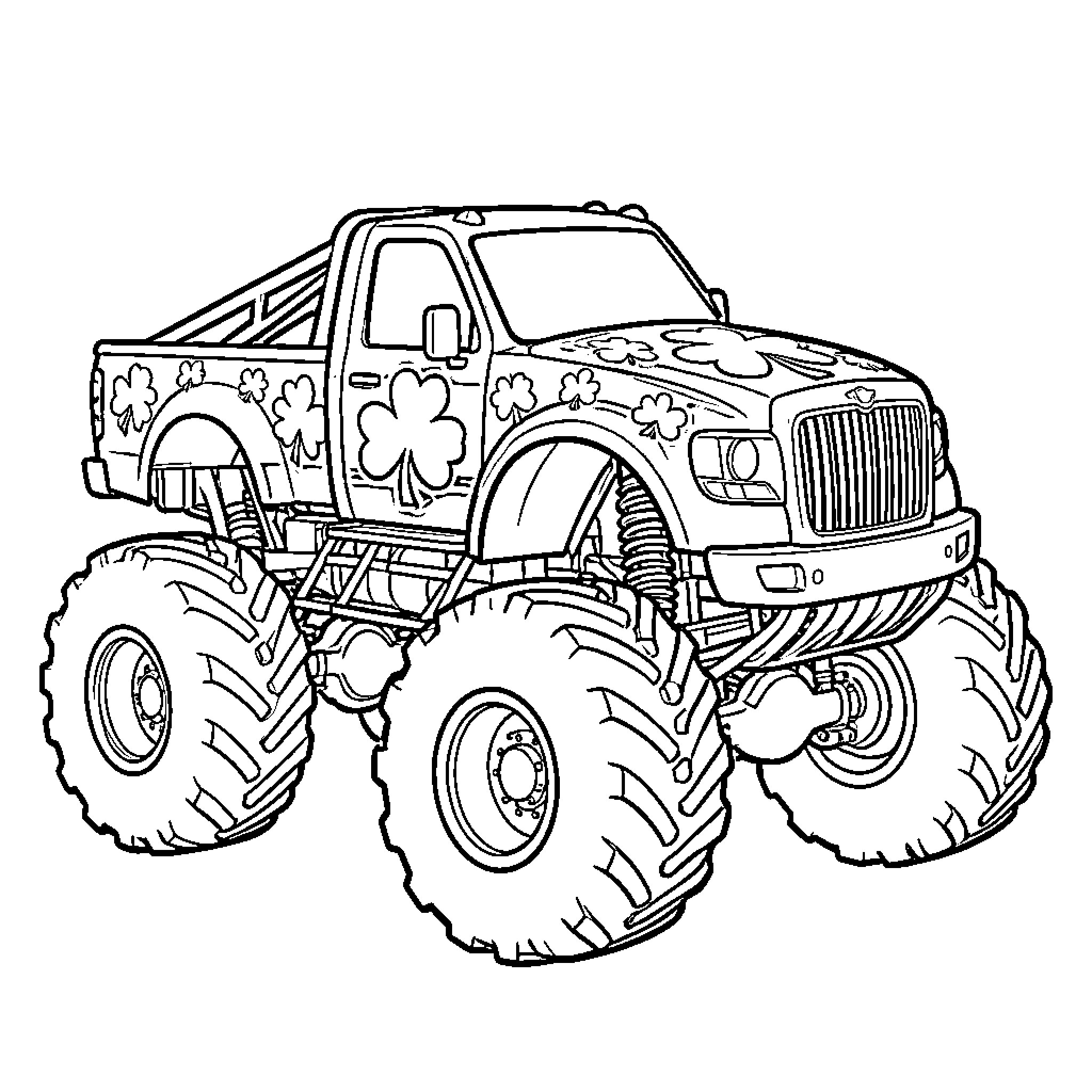 Monster Truck Decorated with Shamrocks Coloring Page (free black-and-white line drawing printable PDF for all, from beginners to advanced learners, including children, teens, adults, and seniors)