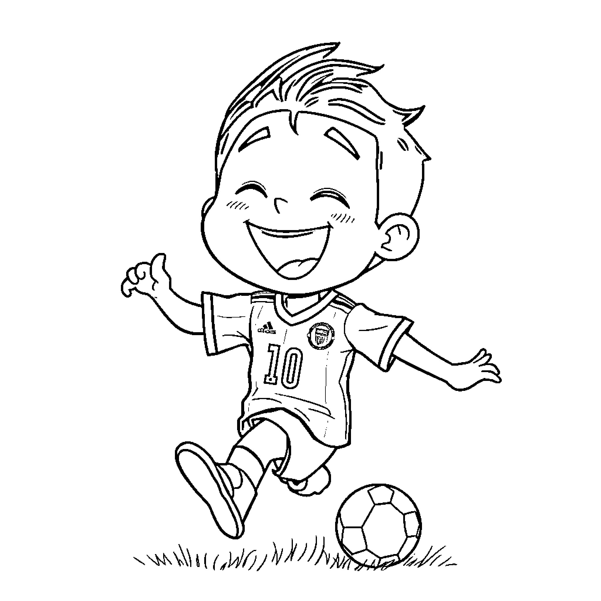 Nezuko happily playing soccer with a cheerful smile Coloring Page (free black-and-white line drawing printable PDF for all, from beginners to advanced learners, including children, teens, adults, and seniors)