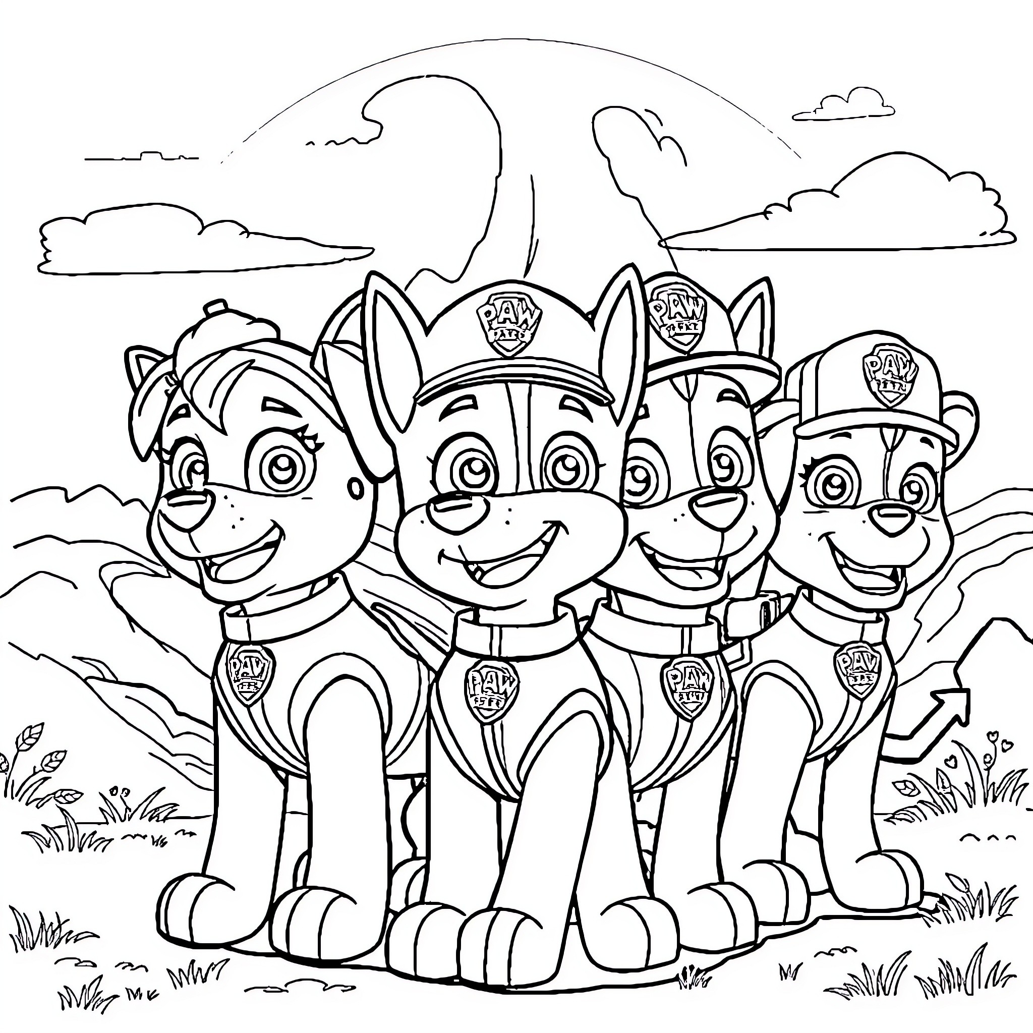 Paw Patrol characters on a mission in the outdoors Coloring Page (free black-and-white line drawing printable PDF for all, from beginners to advanced learners, including children, teens, adults, and seniors)