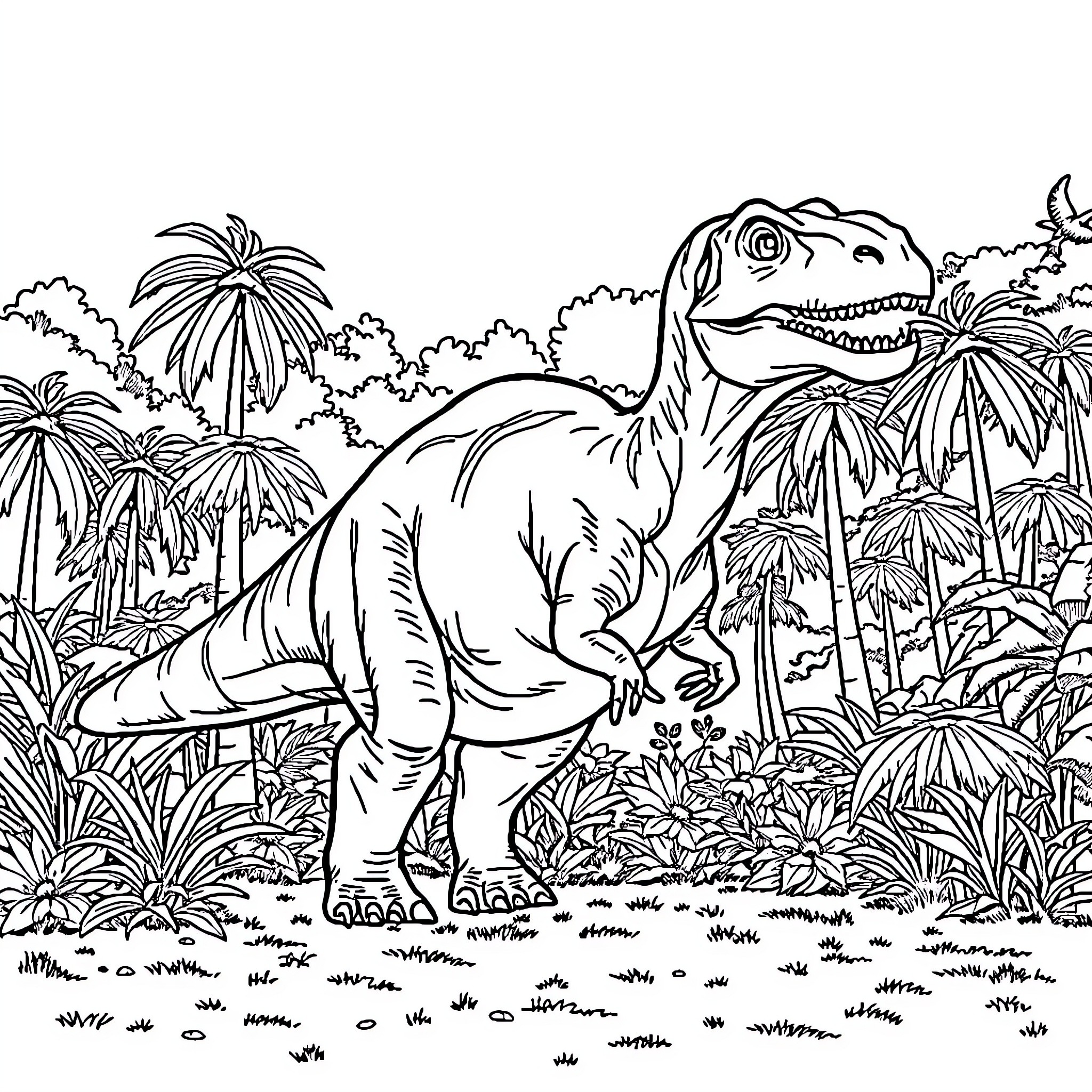 Dinosaur exploring lush prehistoric landscape Coloring Page (free black-and-white line drawing printable PDF for all, from beginners to advanced learners, including children, teens, adults, and seniors)