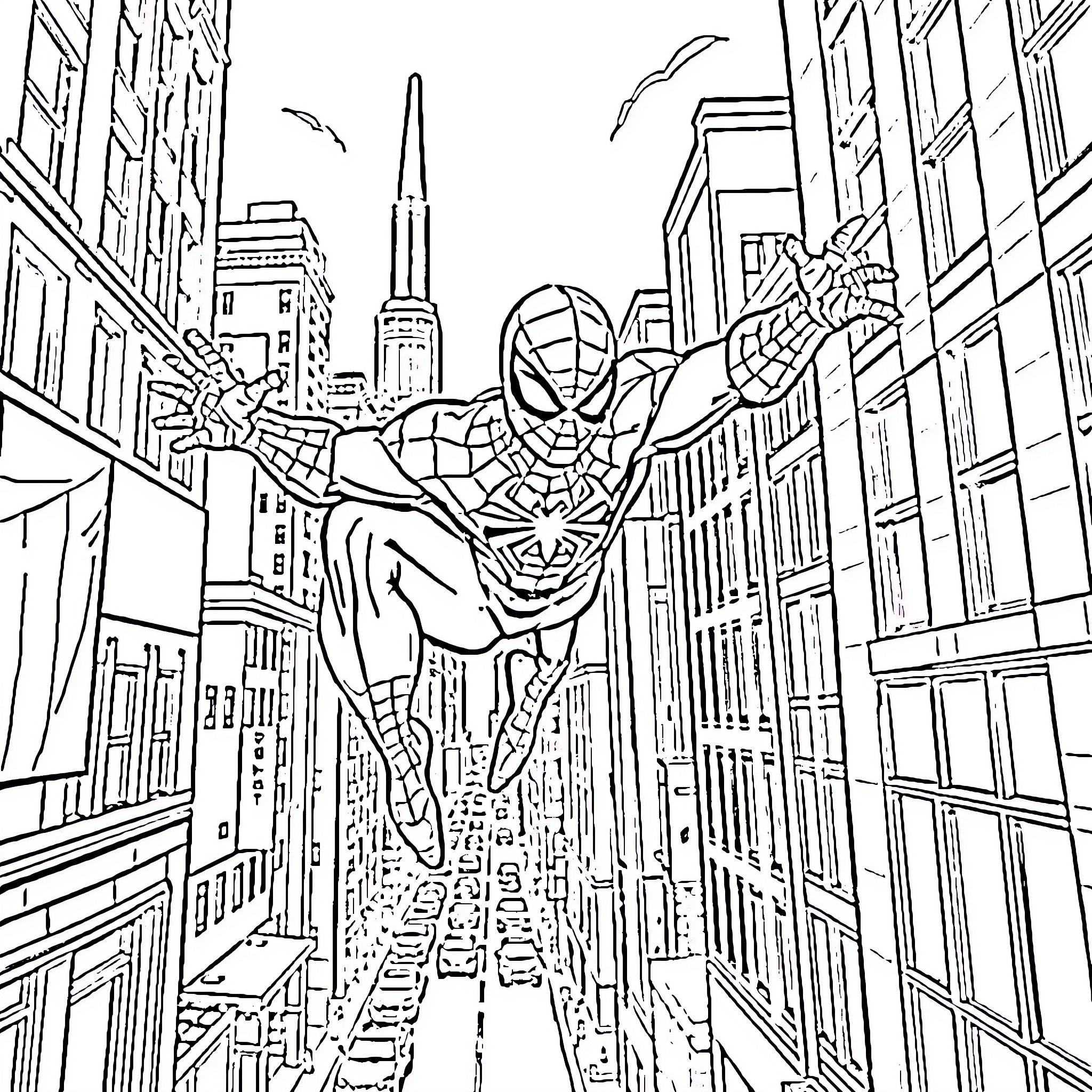 Spiderman swinging through the city skyline Coloring Page (free black-and-white line drawing printable PDF for all, from beginners to advanced learners, including children, teens, adults, and seniors)