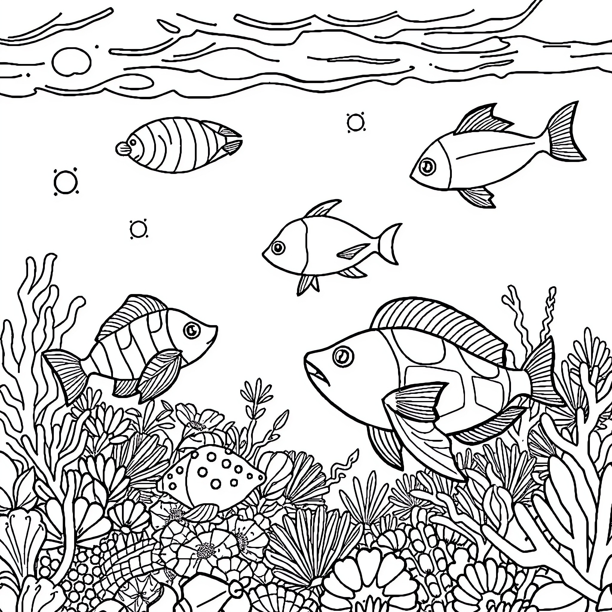 Sea Creature Underwater Scene with Diverse Fish Coloring Page (free black-and-white line drawing printable PDF for all, from beginners to advanced learners, including children, teens, adults, and seniors)