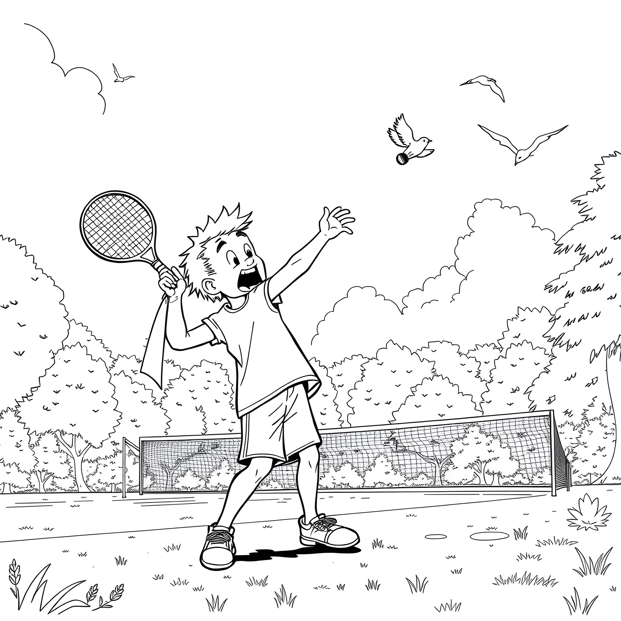 Sid Wilson playing tennis in a park with birds Coloring Page (free black-and-white line drawing printable PDF for all, from beginners to advanced learners, including children, teens, adults, and seniors)